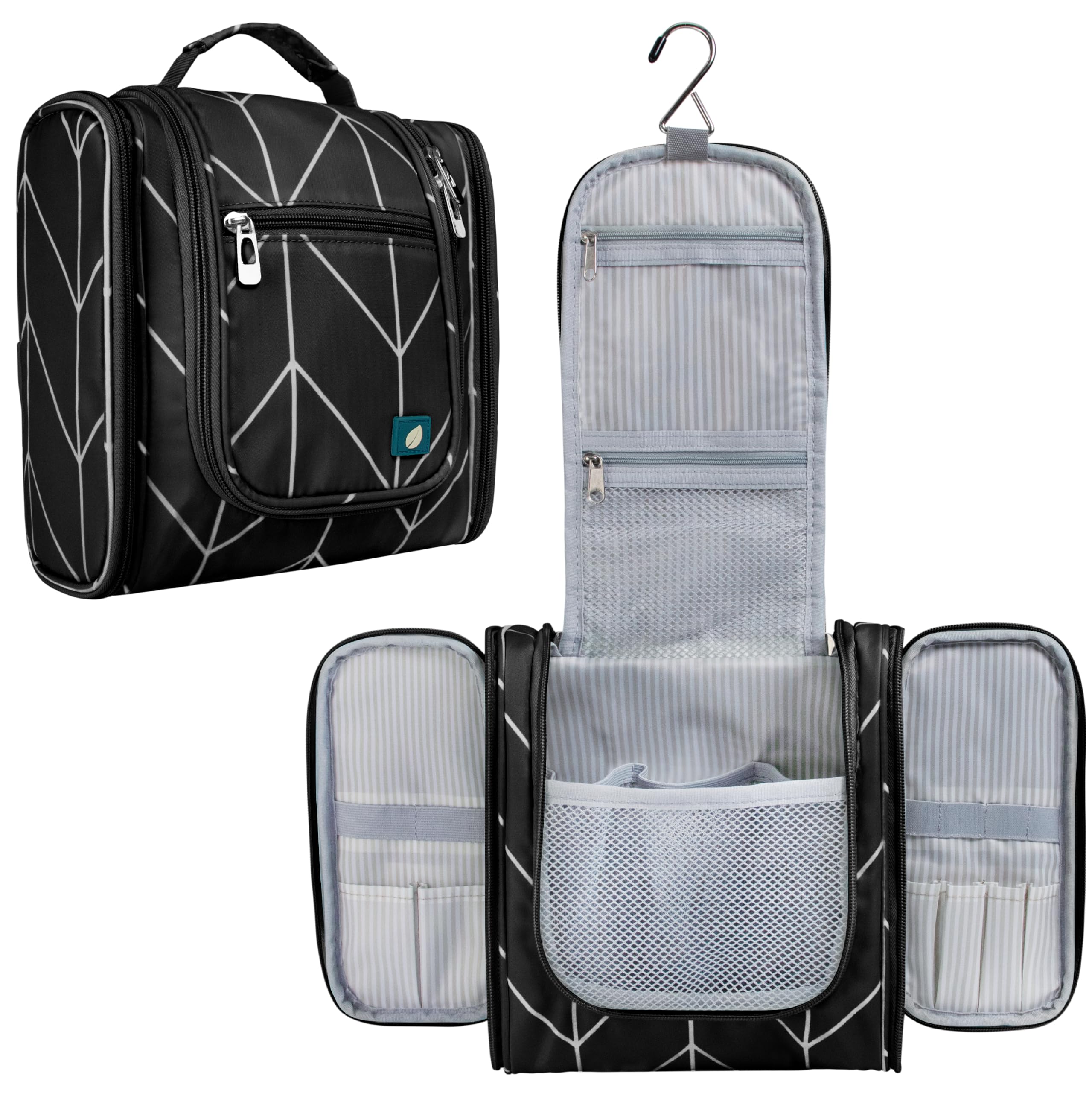 PAVILIA Hanging Toiletry Bag for Women & Men - Water Resistant Travel Cosmetic Organizer with Large Capacity - Perfect for Makeup, Toiletries & Travel Essentials (Black Chevron) | Ideal for Vacation, Business Trips & Camping