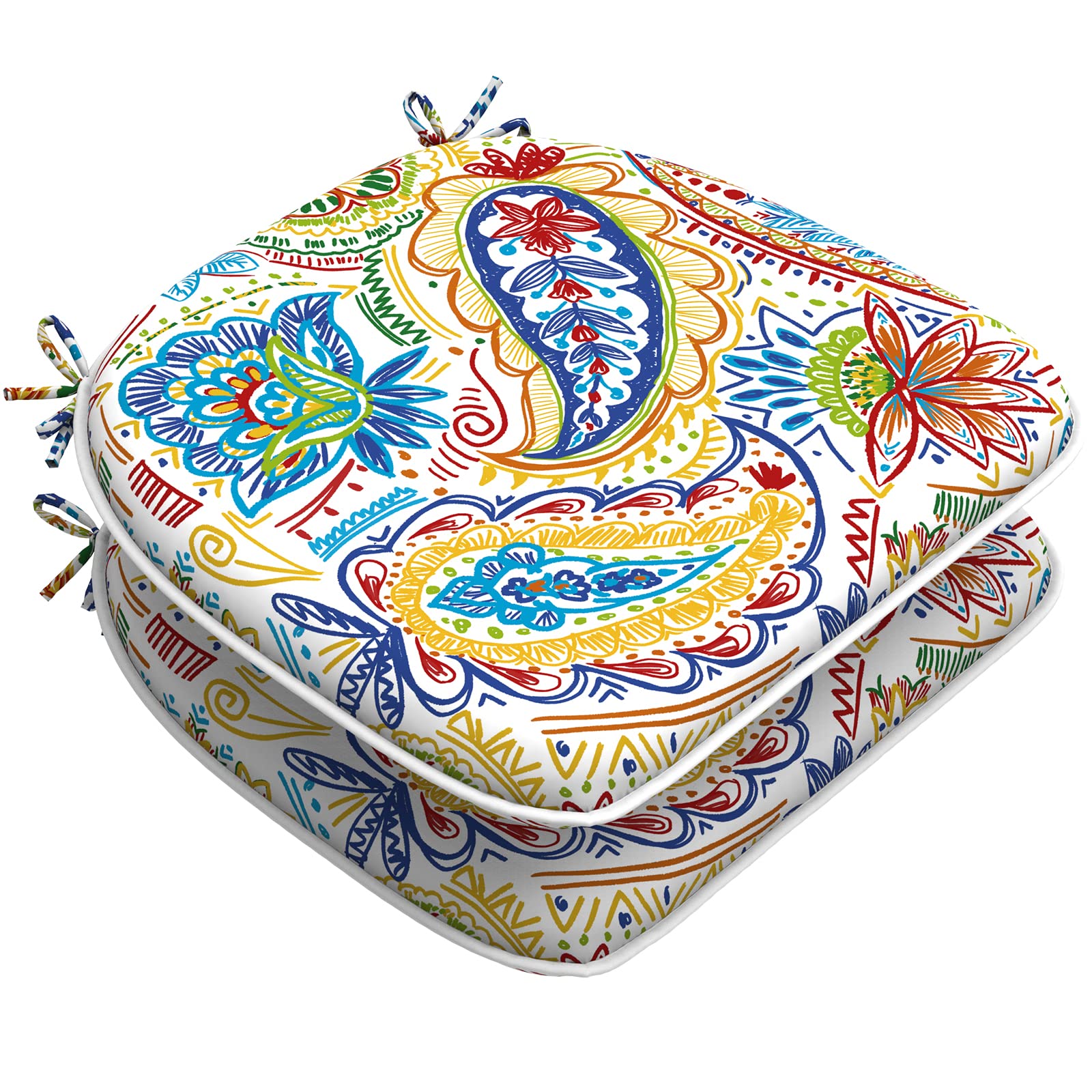 LVTXIII 2-Pack Outdoor Chair Cushions 16x17 Inch - Colorful Vibrant Paisley Chili Design with Ties for Patio Furniture - Waterproof Garden Seat Cushions for Deck, Poolside & Backyard Relaxation