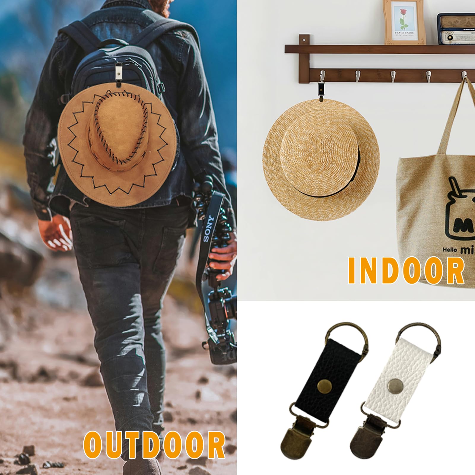 3 Pack Travel Hat Clips - Premium Leather Cap Holders for Bags, Backpacks, Luggage & Purses | Secure Your Hat While Traveling, Hiking or Commuting