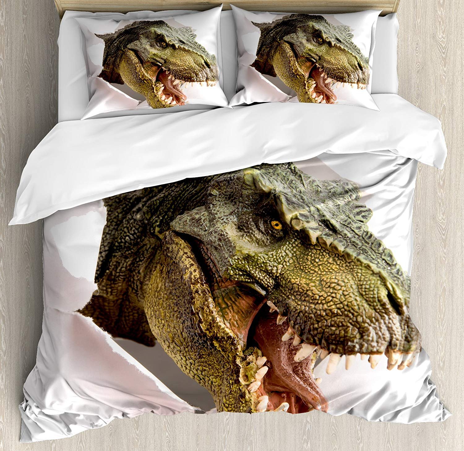 Dangerous Dinosaur Duvet Cover Set Queen Size - 4 Piece Bedding Set with Quilt Cover & 2 Pillowcases - Army Green & White Jurassic Theme - Perfect for Kids' Rooms, Dinosaur Themed Bedrooms & Unique Home Decor