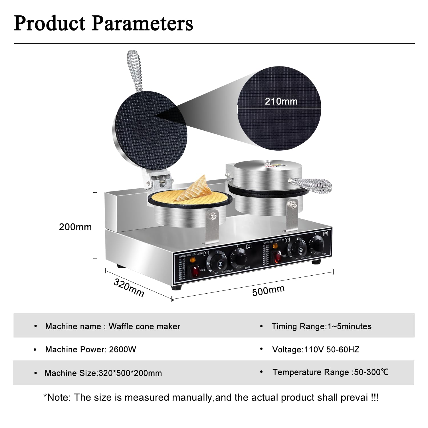 Commercial Waffle Cone Maker 2600W - Professional Electric Ice Cream Cone Machine with Temperature & Time Control - Perfect for Restaurants, Bakeries, Snack Bars & Home Use - Make Crispy Waffle Cones for Ice Cream, Desserts & Party Treats