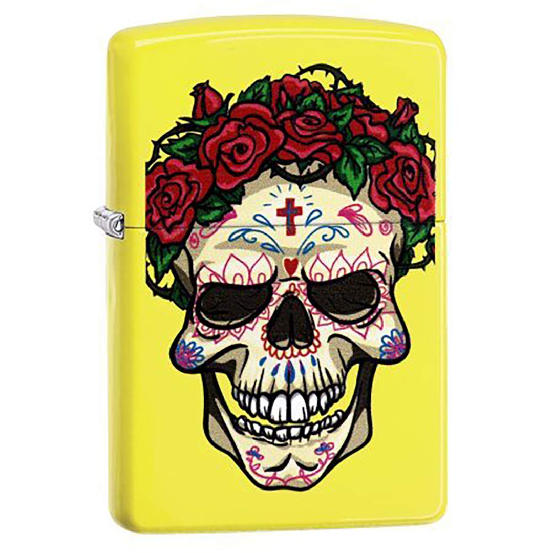 Zippo Sugar Skull with Roses Neon Yellow Matte Lighter - Gothic Style Windproof Refillable Lighter for Outdoor Camping, Parties & Collectors