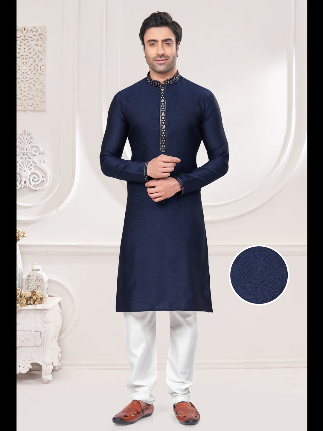 Blue Festive Wear Kurta Pajama with Zari Mirror Embroidery - Traditional Indian Ethnic Outfit for Weddings, Diwali & Special Occasions