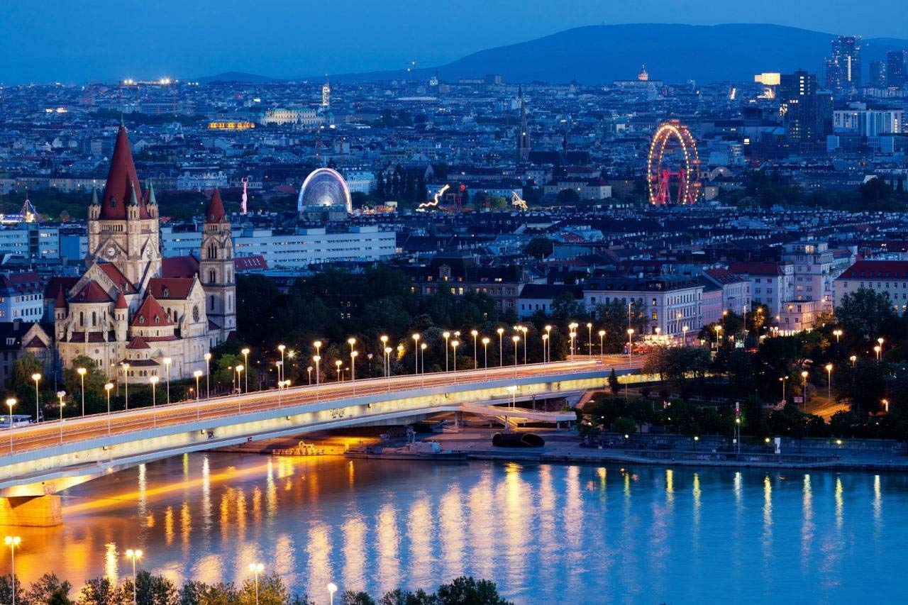 Vienna Austria Night Skyline Danube River 12x18 Inch Laminated Poster - Vibrant Colors, Durable Home Decor for Living Room, Bedroom or Office Wall Art