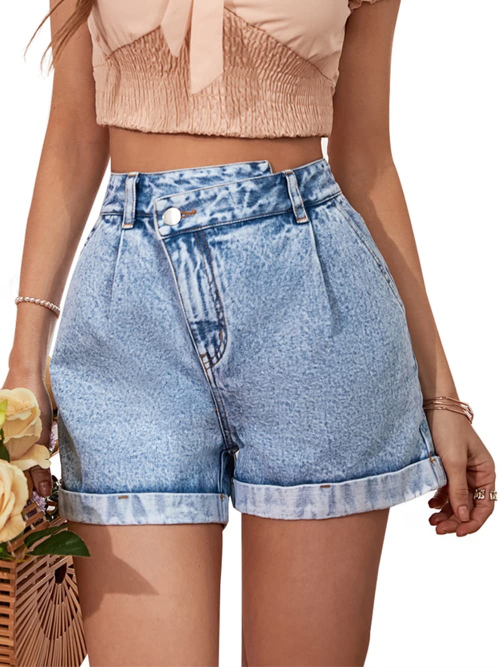 CHARTOU Women's High Waisted Wide Leg Denim Shorts - Vintage Washed Asymmetrical Folded Hem Jeans for Casual Outfits & Summer Fashion