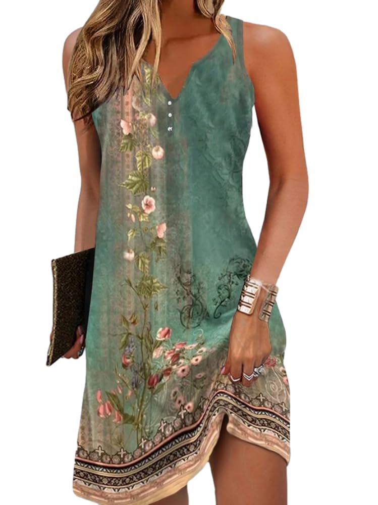 Chvity Women's Boho Summer Dress - V Neck Sleeveless Floral Print Mini Sundress for Beach, Vacation & Casual Outings