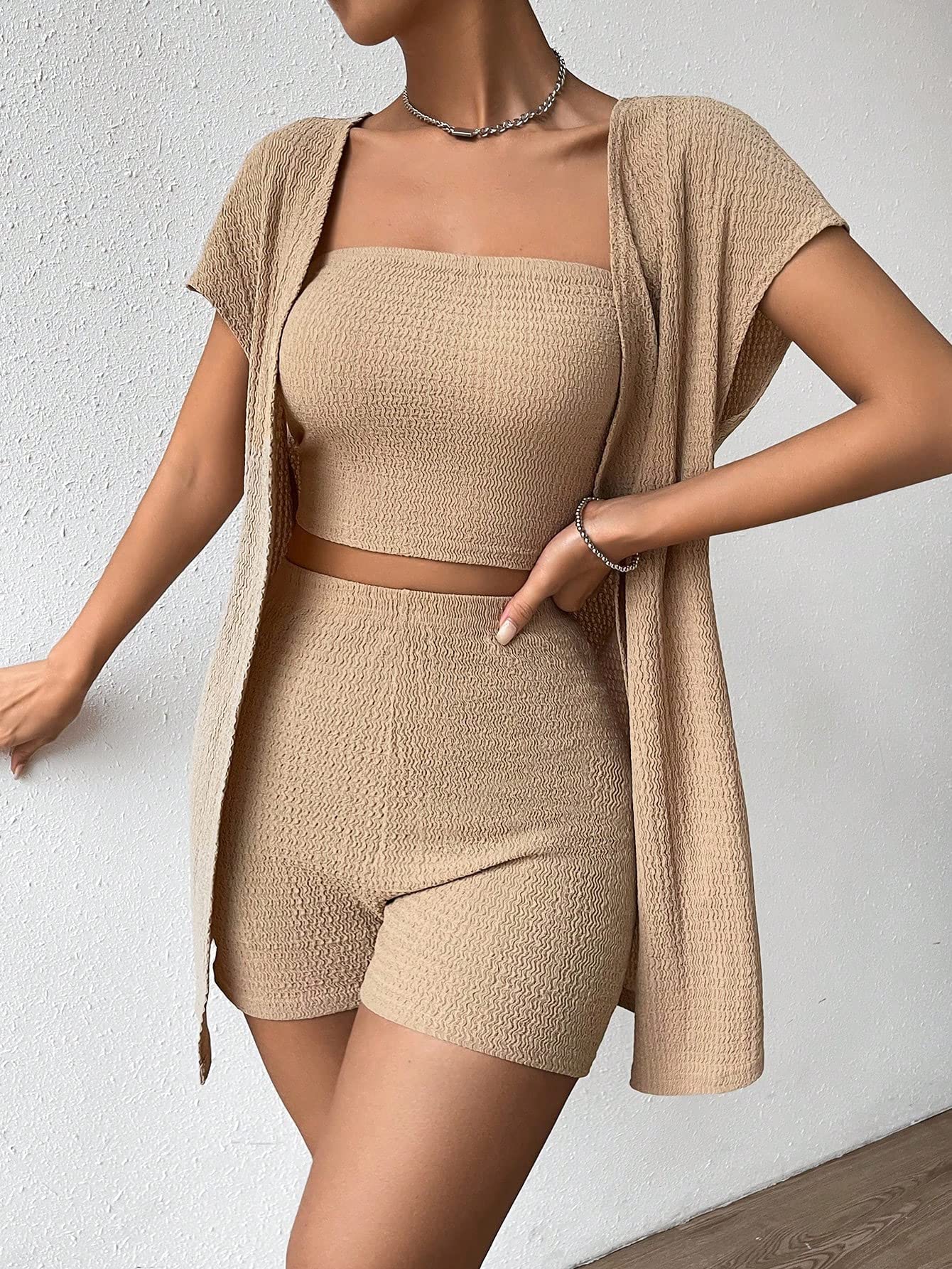 Milumia Women's 3 Piece Knit Outfit Set - Tube Top, Shorts & Short Sleeve Cardigan | Summer Beachwear, Casual Street Style & Vacation Outfits