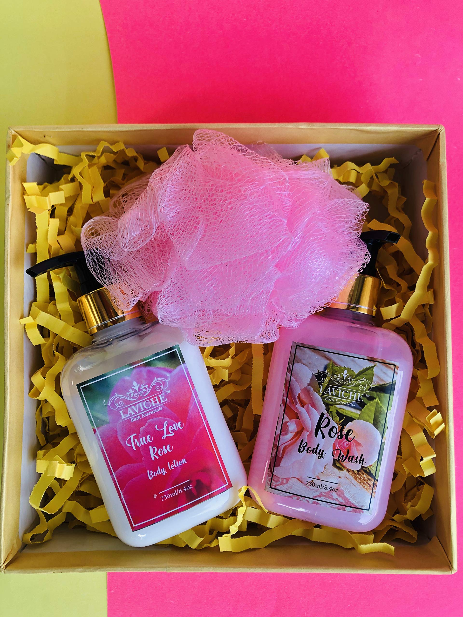 Laviche Rose Bath Gift Set - Rose Scented Body Wash, Body Lotion & Loofah Sponge | Moisturizing Bath & Beauty Kit for All Skin Types | Perfect for Spa Day, Self-Care & Romantic Gifts