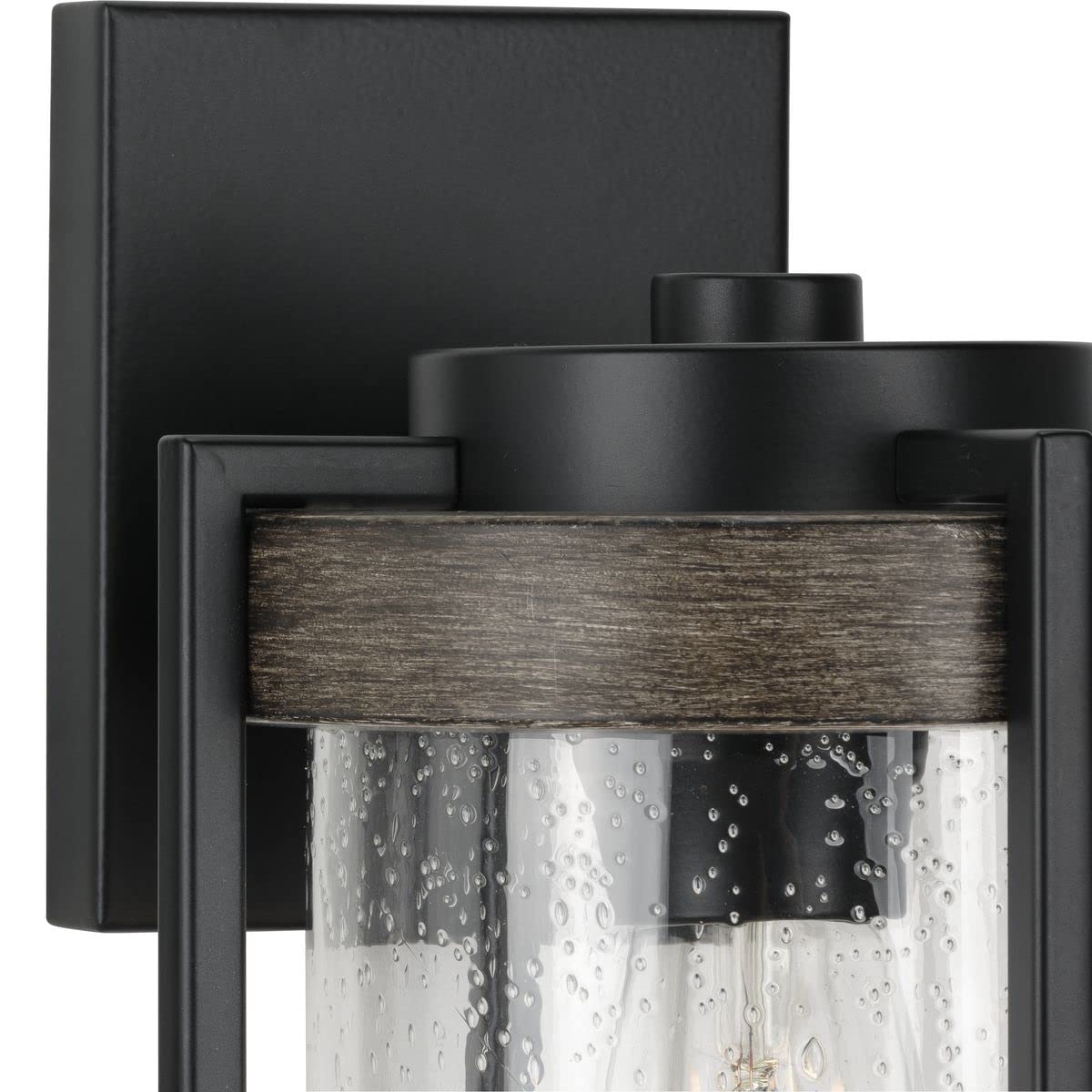Whitmire Collection 1-Light Clear Seeded Glass Farmhouse Outdoor Wall Lantern with Aged Oak Accents in Matte Black - Perfect for Porch, Patio, Garden, and Entryway Lighting