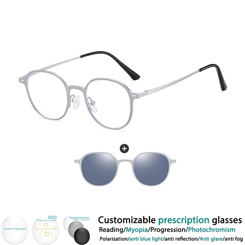 CCspace Women's Full Rim Round Alloy Eyeglasses with Clip-On Sunglasses - Stylish Prescription Glasses & UV Protection Shades for Work, Driving, and Outdoor Activities (Model 302078)