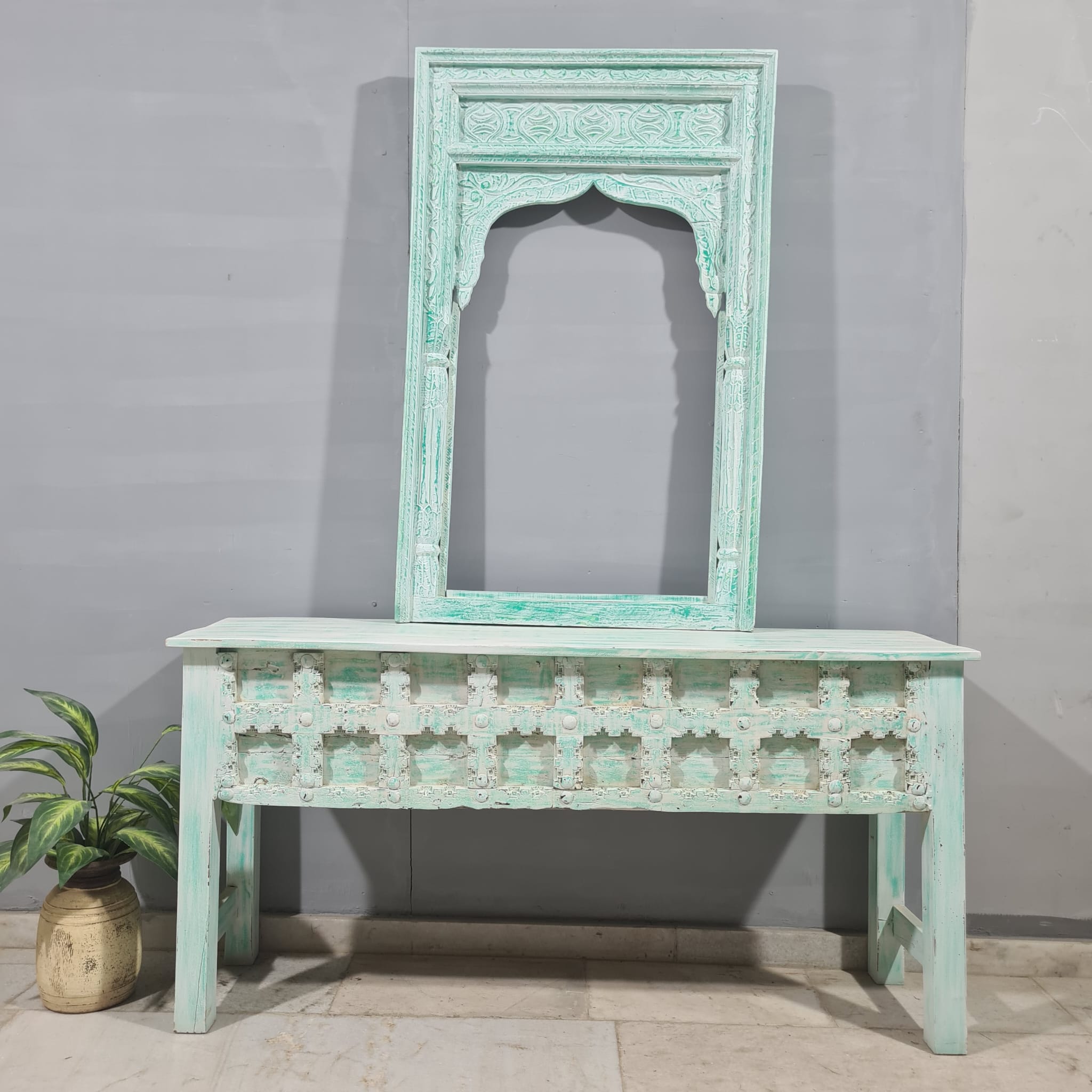 Handmade Solid Hardwood Carved Vintage Door Console Table - 150x40x75cm - Rustic Entryway Furniture for Hallway, Living Room & Foyer Decor