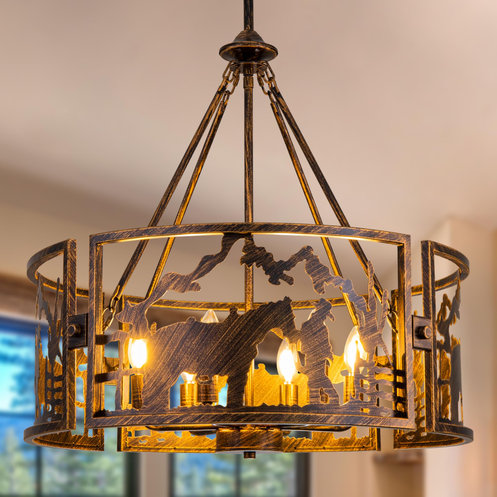 TOCHIC 6-Light Farmhouse Chandelier - Rustic Bronze Metal Drum Pendant Light for Dining Room, Living Room, Bedroom & Entryway - Western Cowboy Style Ceiling Fixture (26.37