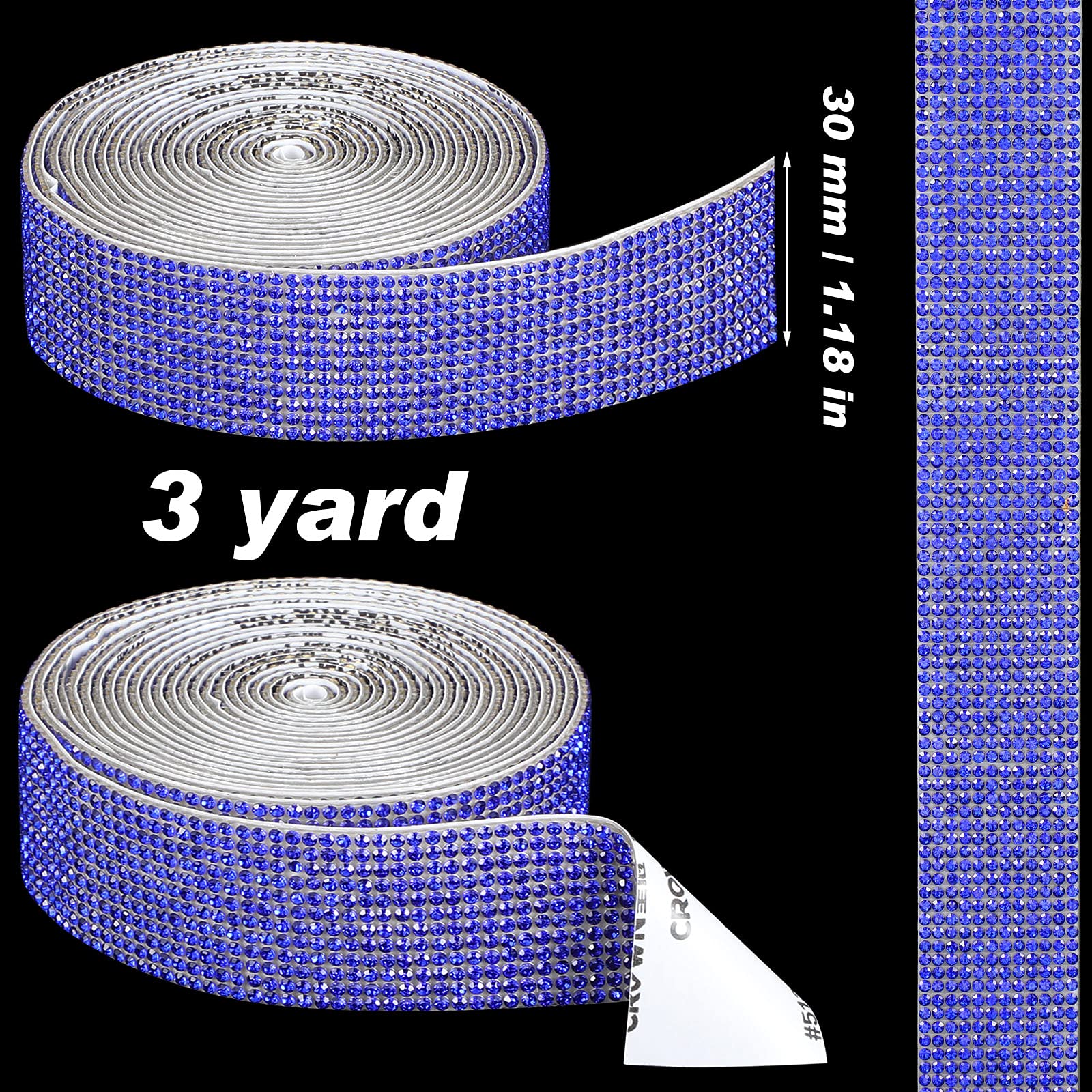 Self Adhesive Rhinestone Strips - 2mm Diamond Bling Crystal Ribbon Stickers for DIY Crafts, Jewelry Making, Car & Phone Decoration (Royal Blue, 1.06