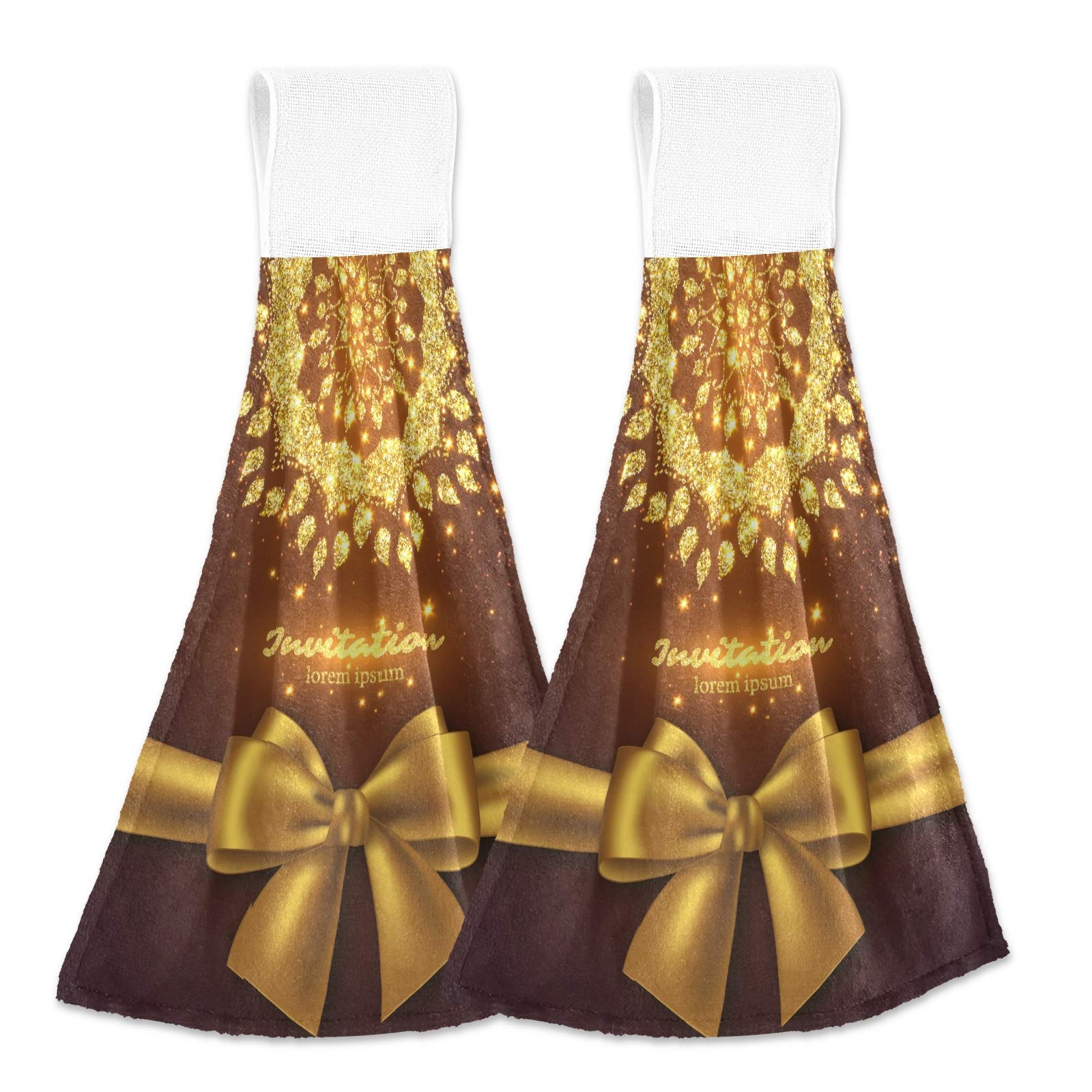 Glitter Mandala Hanging Kitchen Towels - 2 Pack Gold Bow Design, Soft Coral Velvet Hand Towels with Loops for Bathroom & Kitchen | Absorbent Washcloths for Home Decor, Gift Giving & Daily Use