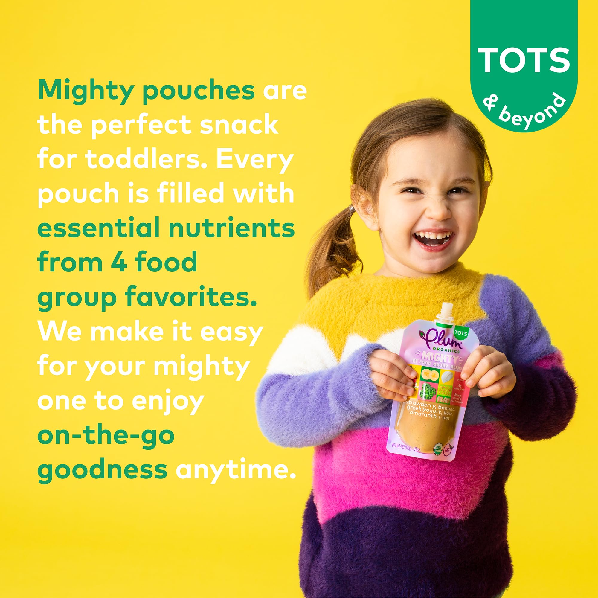Organic Toddler Food Pouch - Plum Organics Mighty 4 with Strawberry, Banana, Greek Yogurt, Kale, Amaranth & Oat (4oz, Pack of 12) | Healthy Snack for Babies & Kids | Perfect for On-the-Go, Daycare & Travel