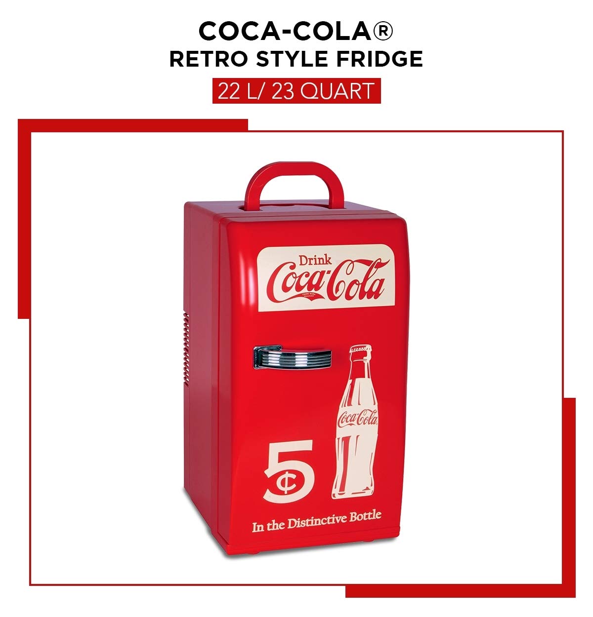 **Coca-Cola Retro 18 Can Mini Fridge - 22L (23 qt) Portable Cooler with 12V DC & 110V AC Cords - Red Travel Fridge for Drinks, Snacks, Lunch - Perfect for Home, Office, Dorm, RV & Road Trips**