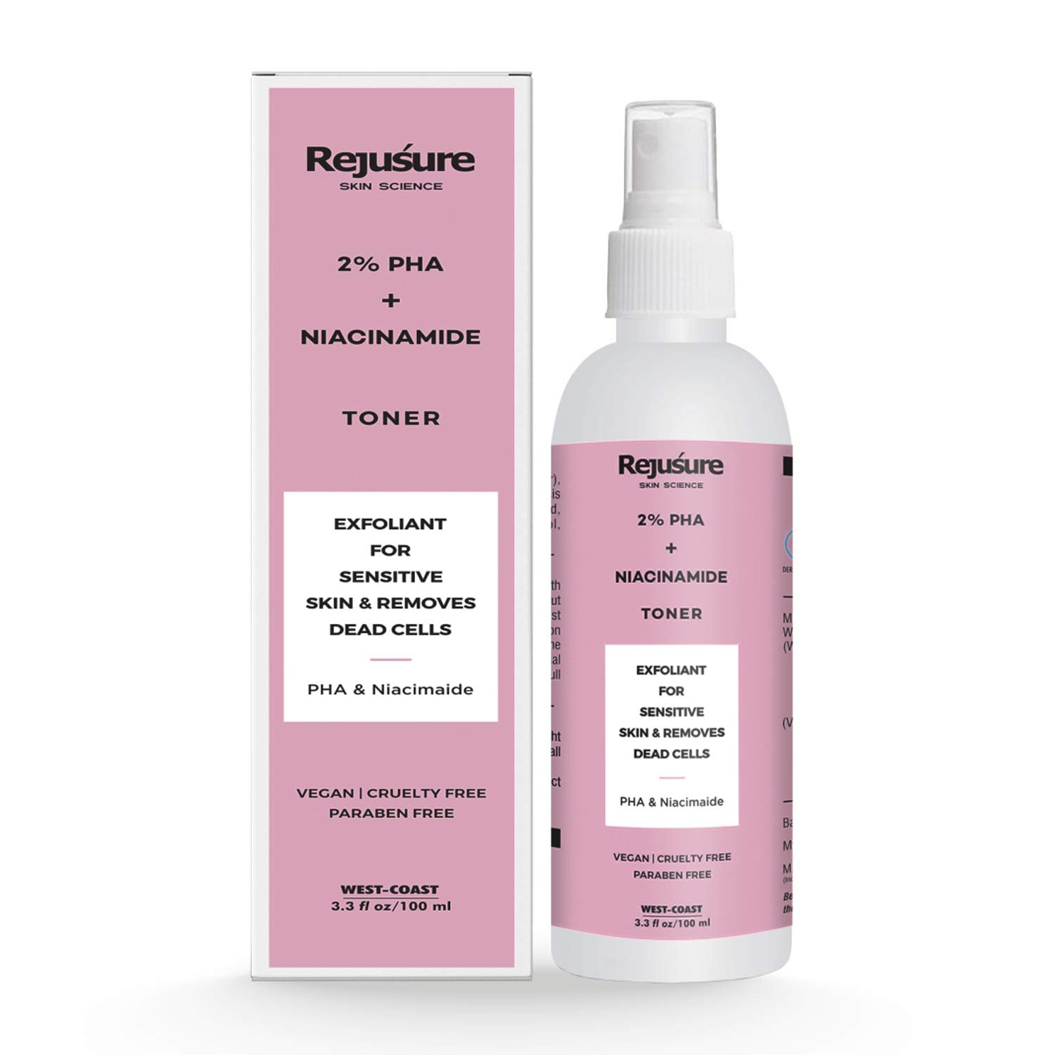 Rejusure PHA 2% + Niacinamide Facial Toner Spray - Gentle Exfoliating, Pore Minimizing, Oil Control for Oily & Normal Skin (100ml) | Hydrating Face Mist for Daily Skincare Routine & Makeup Prep