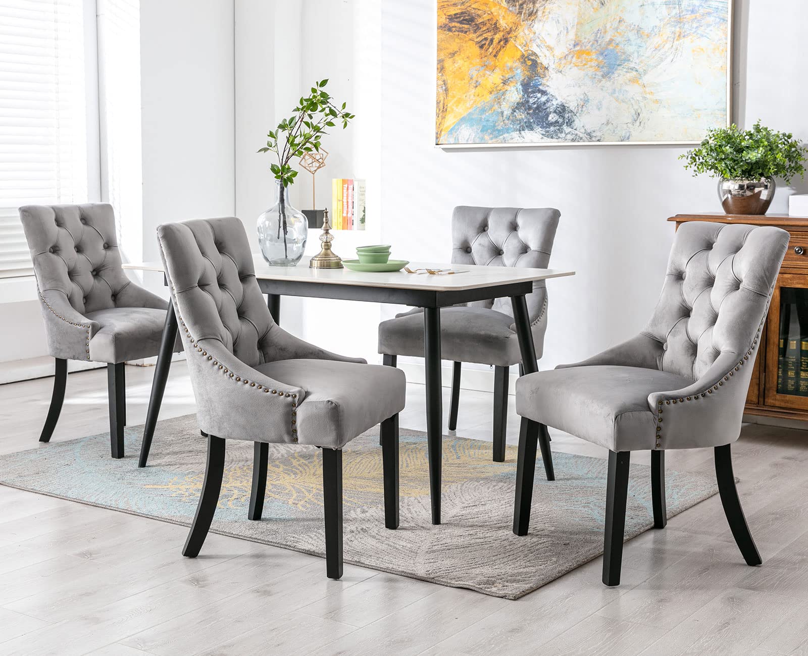 Shunzhi Velvet Dining Chairs Set of 4 - Mid Century Modern Tufted Upholstered Chairs with Nailhead Trim, Farmhouse Vintage Style for Kitchen, Dining Room, Cafe & Home Decor (Grey) - Perfect for Family Gatherings, Dinner Parties & Cozy Breakfast Nooks