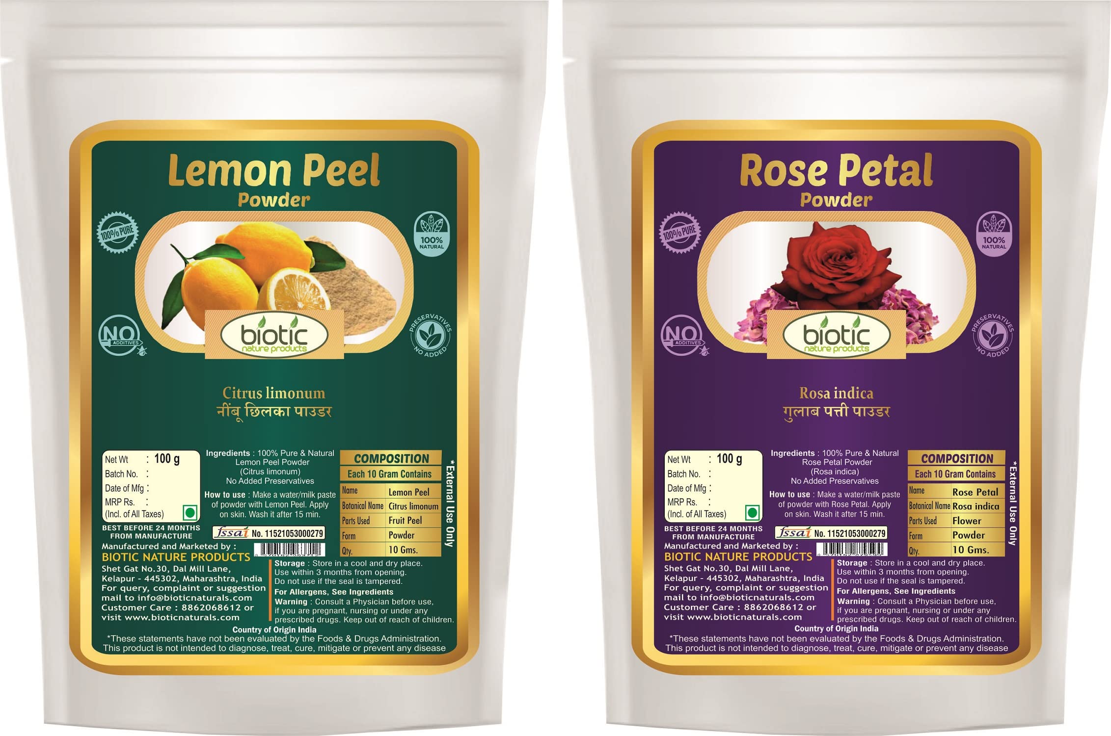 Organic Lemon Peel Powder & Rose Petal Powder - 100g Each (200g Total) | Natural Skin Care, Detox Tea, Baking Ingredient & DIY Beauty Recipes