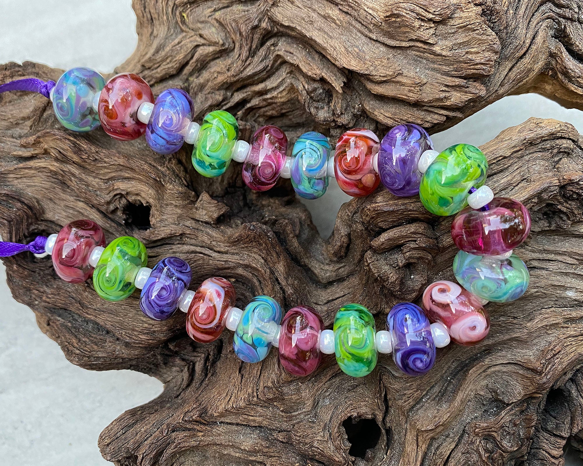 Vibrant Swirl Lampwork Beads Set - Purple, Pink, Green & Blue Glass Beads for Jewelry Making, DIY Crafts & Home Decor | Perfect for Necklaces, Bracelets & Scrapbooking
