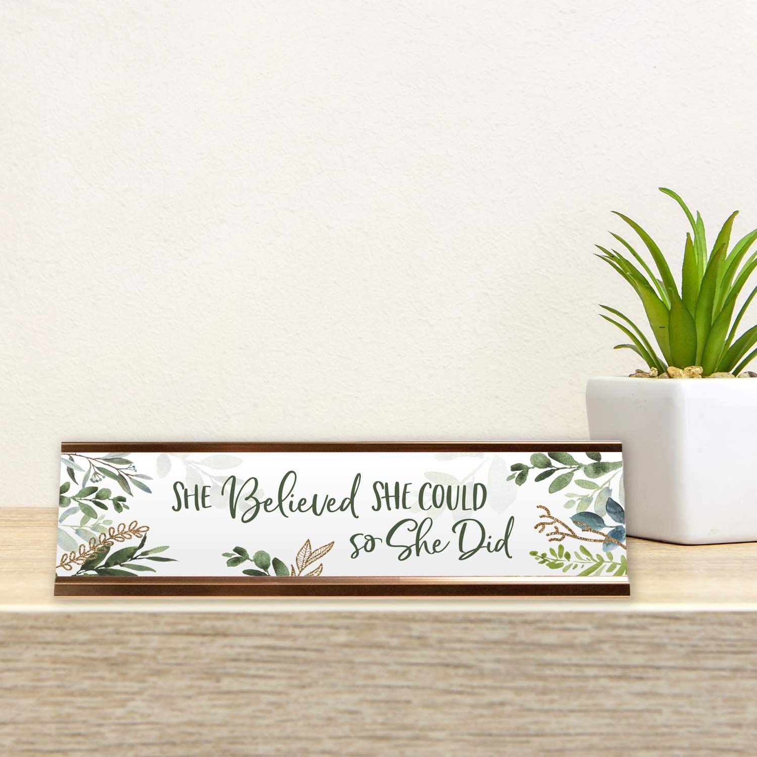 Inspiring Motivational Desk Nameplate - 'She Believed She Could' with Rose Gold Holder - Perfect for Office Decor, Gift for Women, Graduation, or Work from Home Inspiration