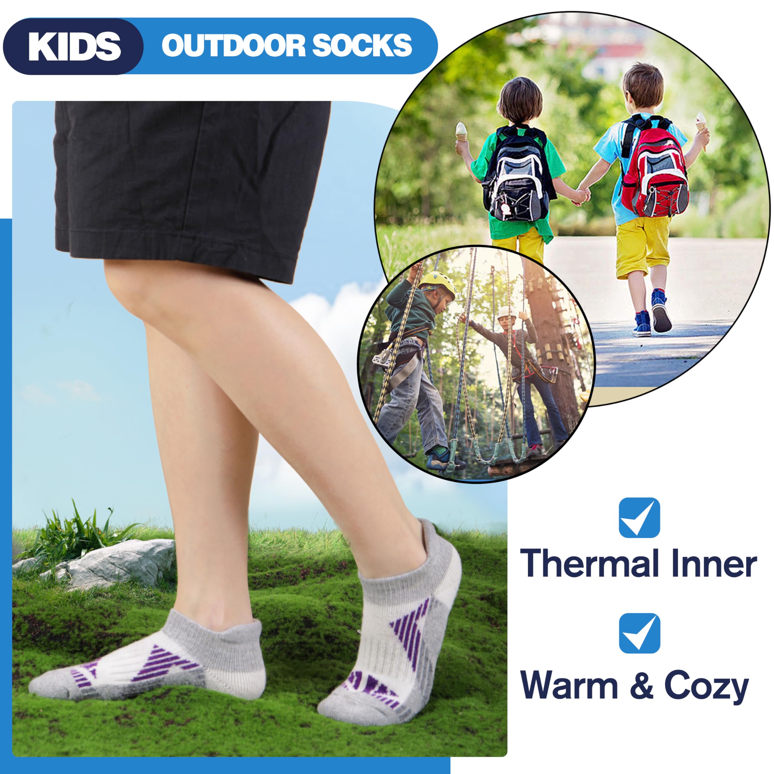 **Kids Merino Wool Hiking & Running Socks – Warm Thermal Winter Ankle Socks for Girls, Boys & Teens – 6 Pairs Cozy No-Show Socks for Outdoor Activities & Daily Wear**