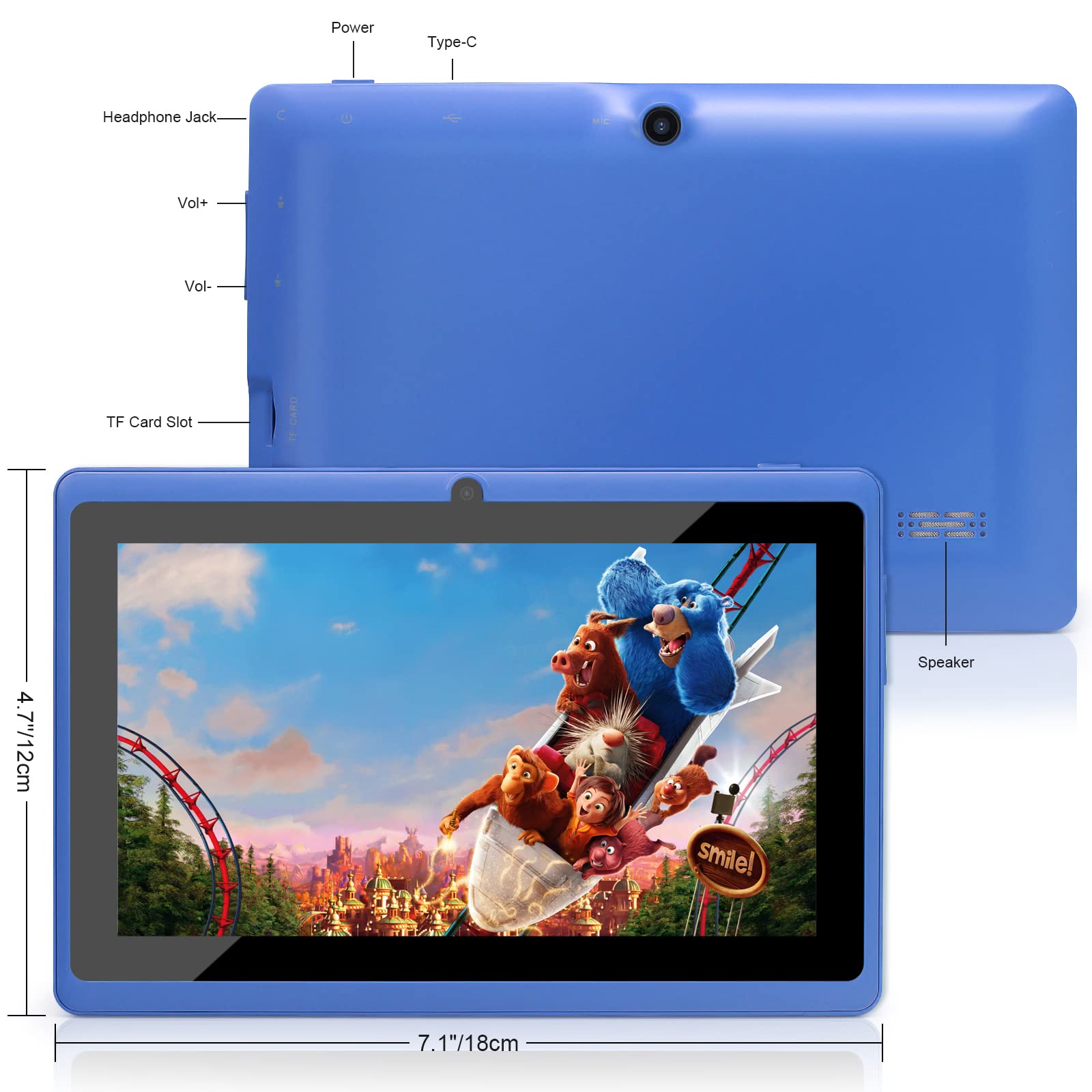 Haehne 7 Inch Android Tablet - Quad Core A33 Processor, 1GB RAM 8GB Storage, Dual Camera, HD Touch Screen, Bluetooth & WiFi - Perfect for Kids Learning, Travel Entertainment & Home Use (Blue)