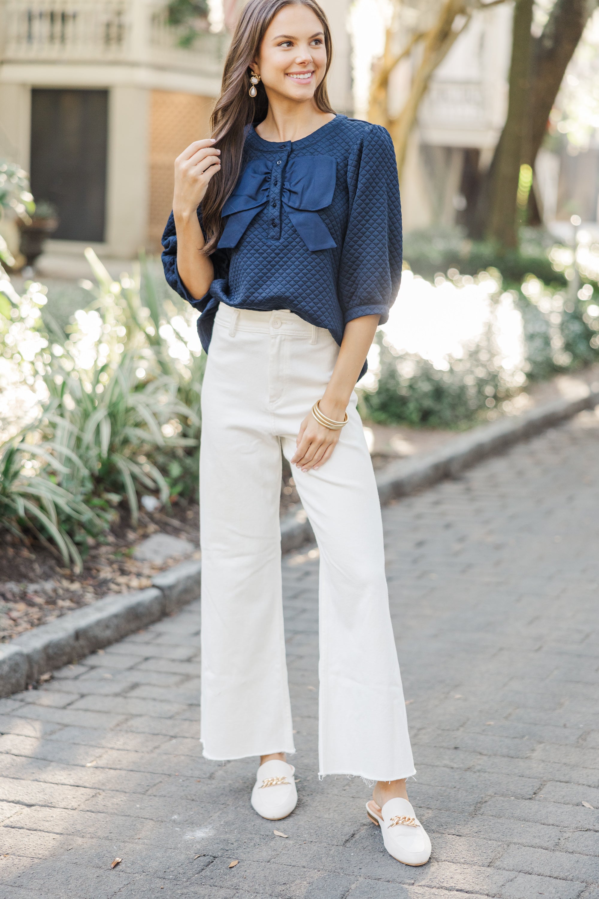 Navy Blue Textured Blouse for Women - Elegant Office Wear & Casual Outfit