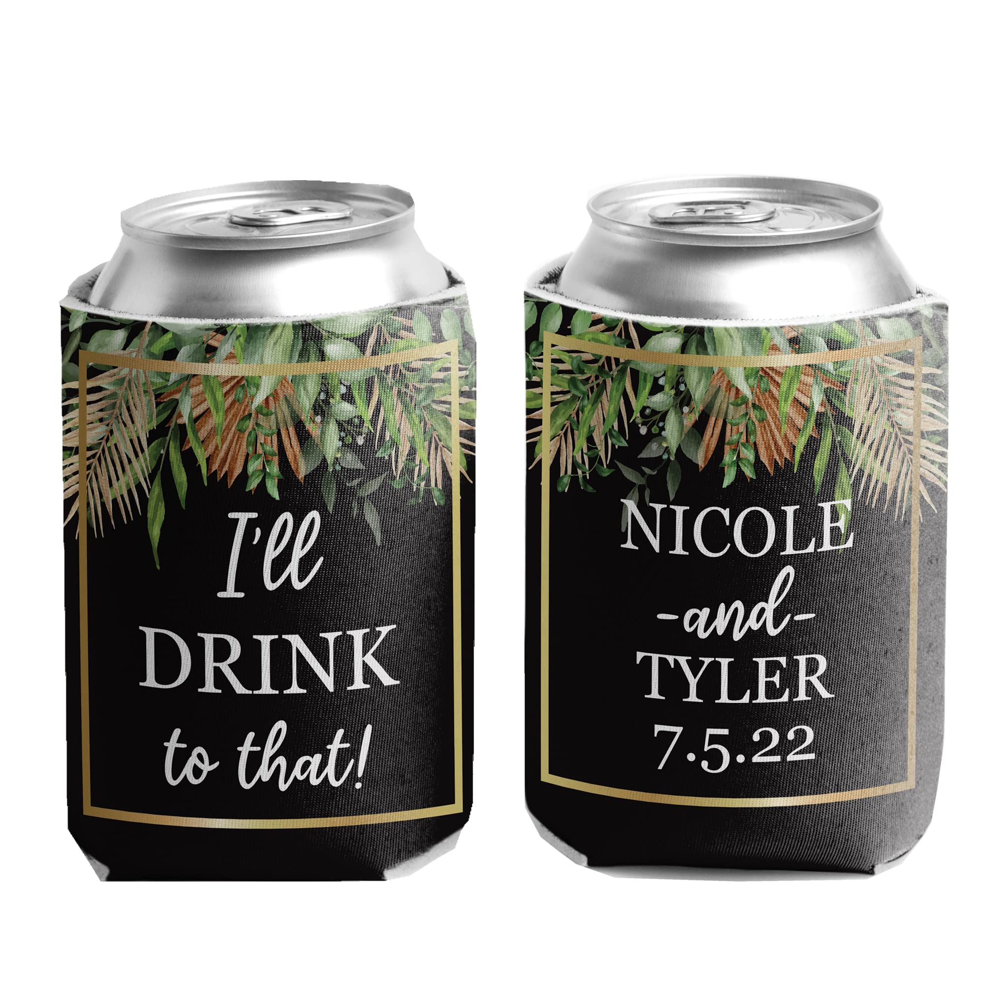 VictoryStore Bulk Custom Can Coolers - Black Boho Wedding Design, Standard Size Insulated Beer Can Holders (Set of 12) - Perfect for Parties, Weddings, BBQs & Outdoor Events