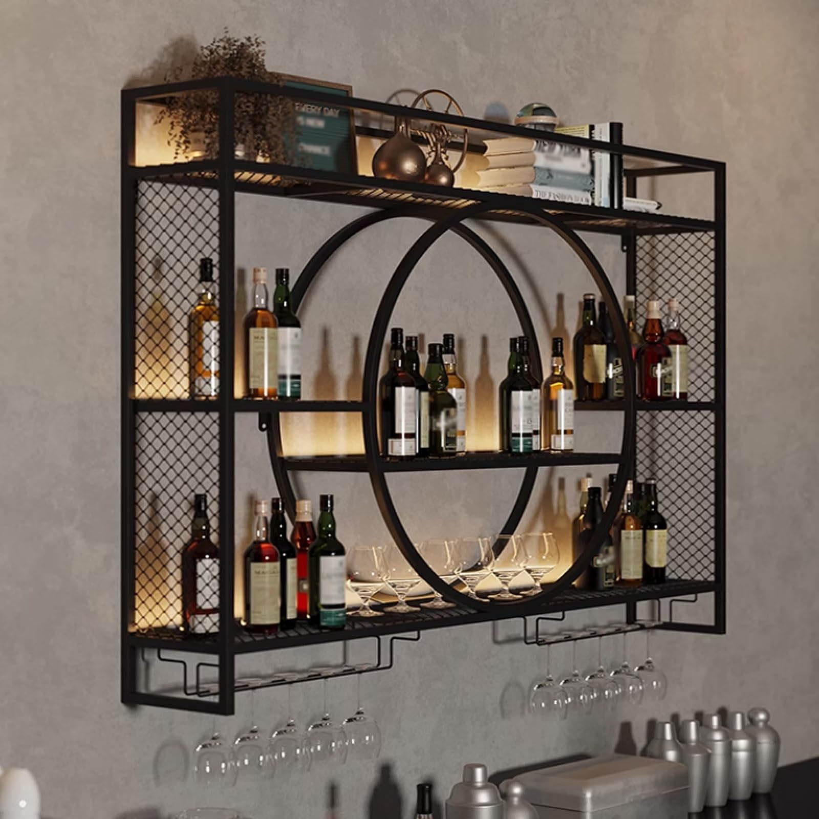 Modern Round Wall Mounted Wine Rack - Large Capacity Hanging Iron Display Stand for Kitchen, Living Room & Bar - Decorative Bottle Storage Solution (Black, 47.2 x 5.9 x 31.4 Inches) - Perfect for Home Decor, Entertaining Guests & Wine Collection Display