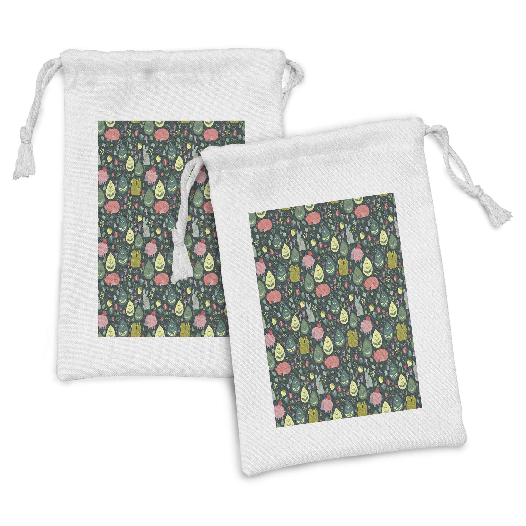 Ambesonne Forest Friends Fabric Pouch Set of 2 - Cute Animal Drawstring Bags with Bunny, Hedgehog, Fox & Floral Design - 9