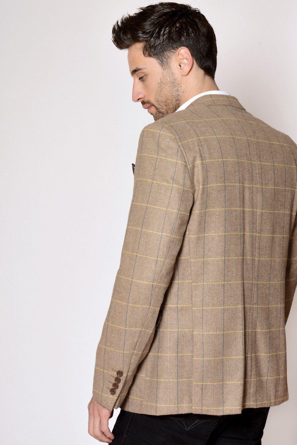 DX7 Men's Oak Tweed Check Blazer - Classic Wool Blend Sport Coat for Business, Office & Formal Events