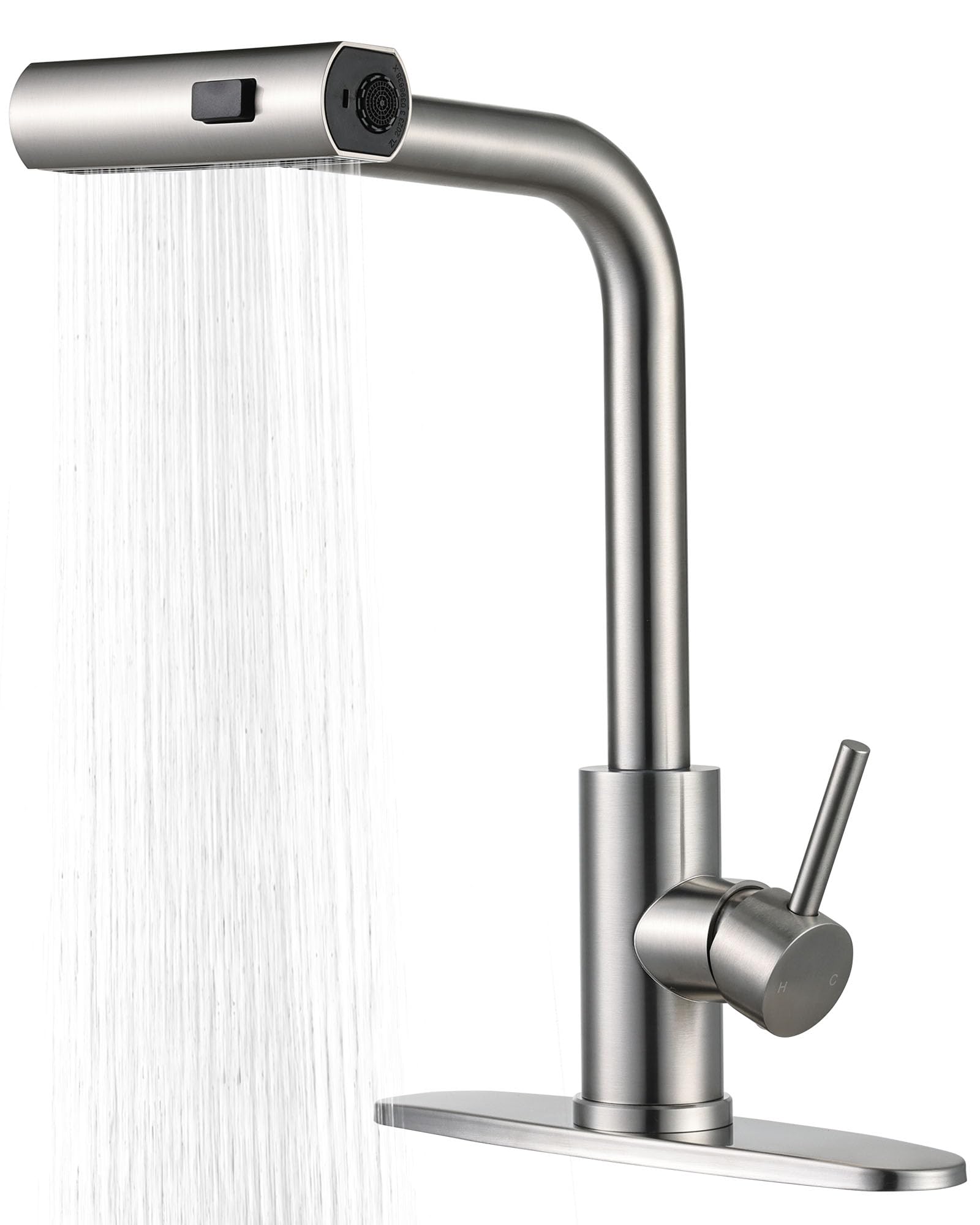 Peppermint Waterfall Kitchen Faucet with Pull Down Sprayer - Single Handle Stainless Steel Sink Faucet - 3 Function Brushed Nickel RV Faucet for Kitchen & RV Use - Perfect for Modern Homes & Campers