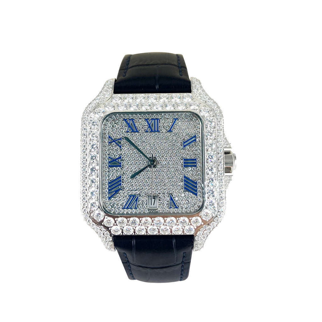 VS GRA Certified Moissanite Blue Leather Band Watch for Men - Luxury Waterproof Dress Watch for Business, Wedding & Formal Occasions