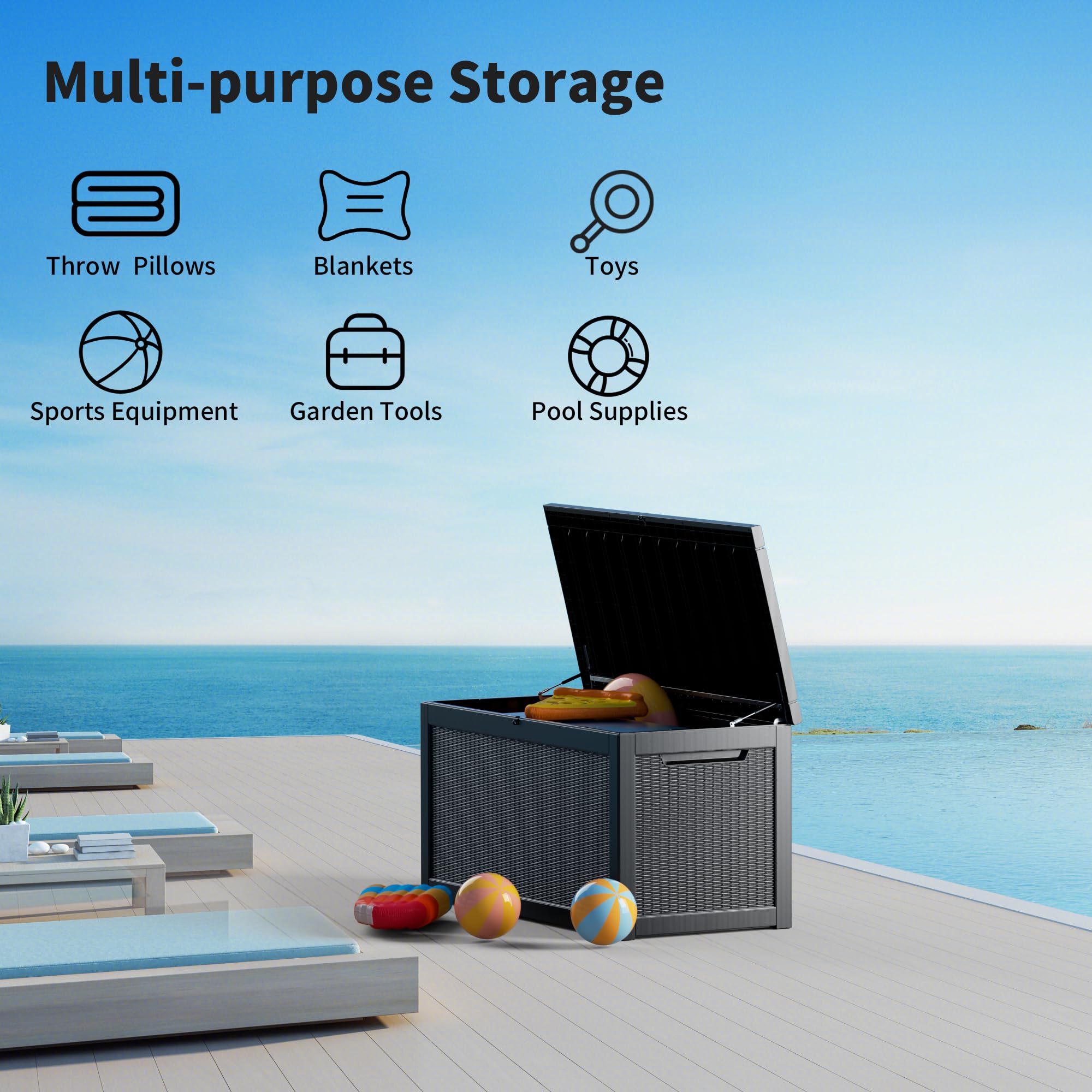 260 Gallon Lockable Resin Deck Box - Waterproof & UV-Resistant Outdoor Storage Container for Patio Cushions, Pool Toys, and Garden Tools | Durable Black Deck Box for Backyard, Poolside & Porch Organization