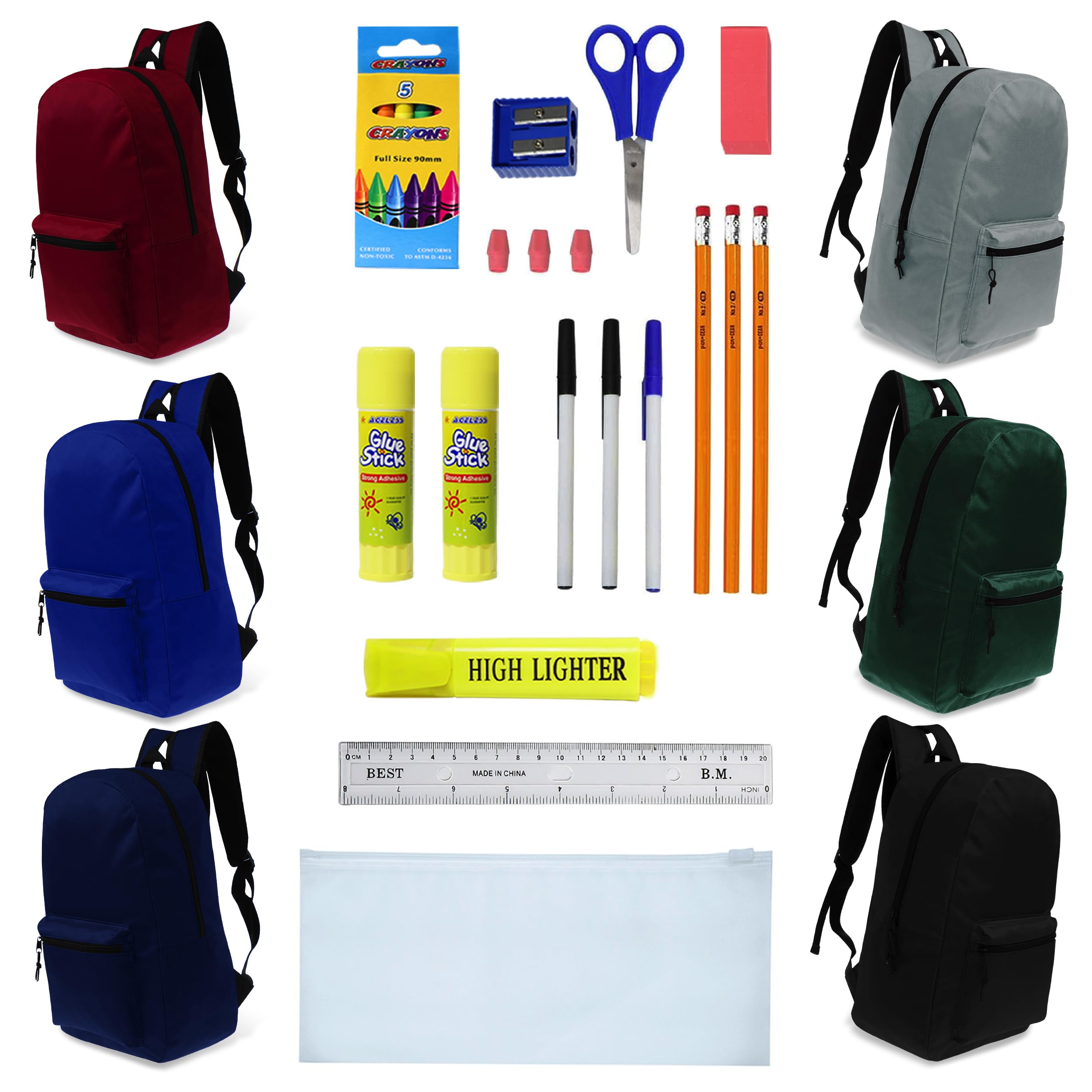 15 Inch Bulk Backpacks - 6 Colors with 22-Piece School Supply Kit (Pens, Pencils, Crayons) - Case of 12 - Perfect for Back to School, Classroom Supplies & Student Gifts