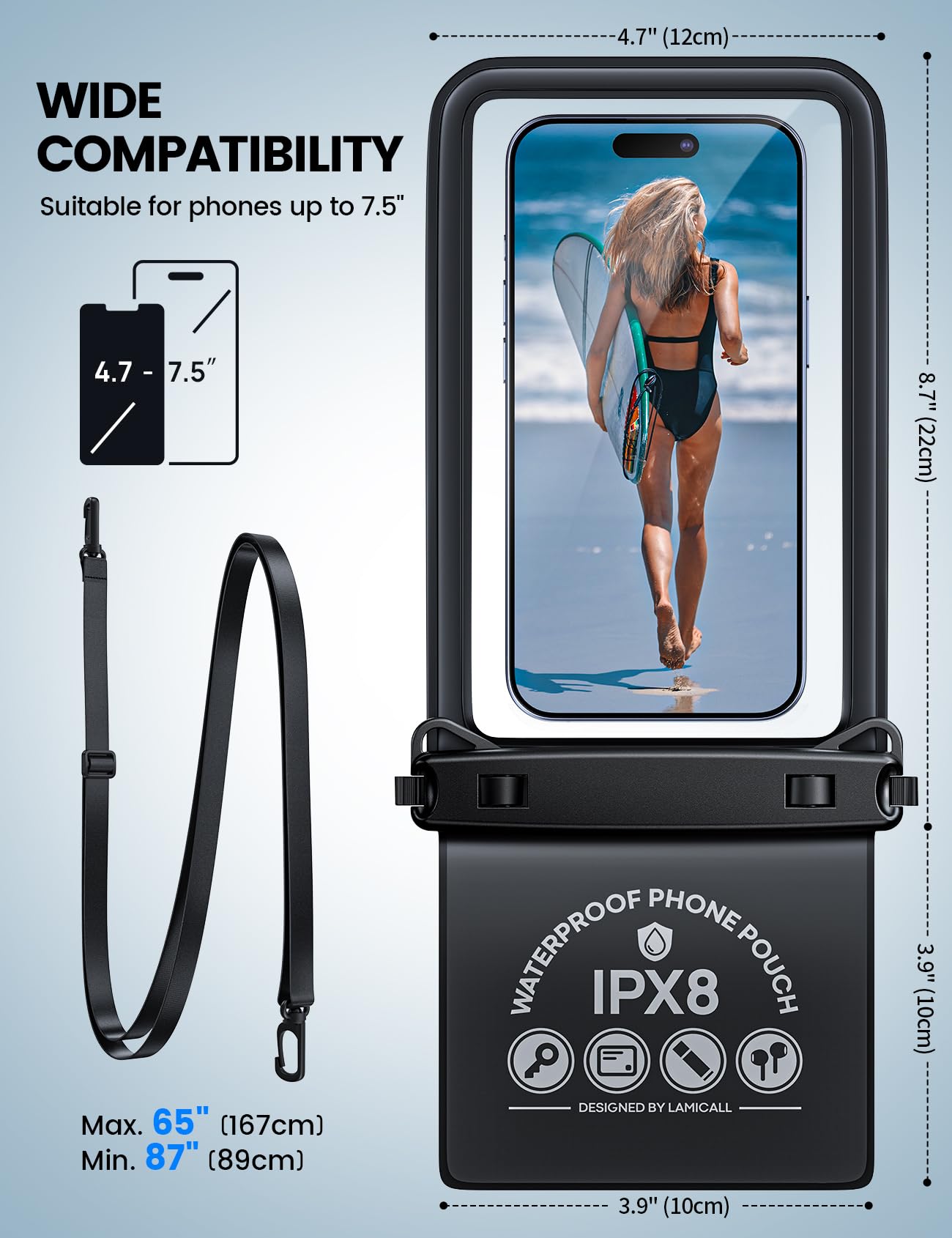 Lamicall 2 in 1 Waterproof Phone Pouch - IPX8 Certified Dry Bag for iPhone 16/15/14/13 Pro Max & Galaxy S24/S23 (4-7.5