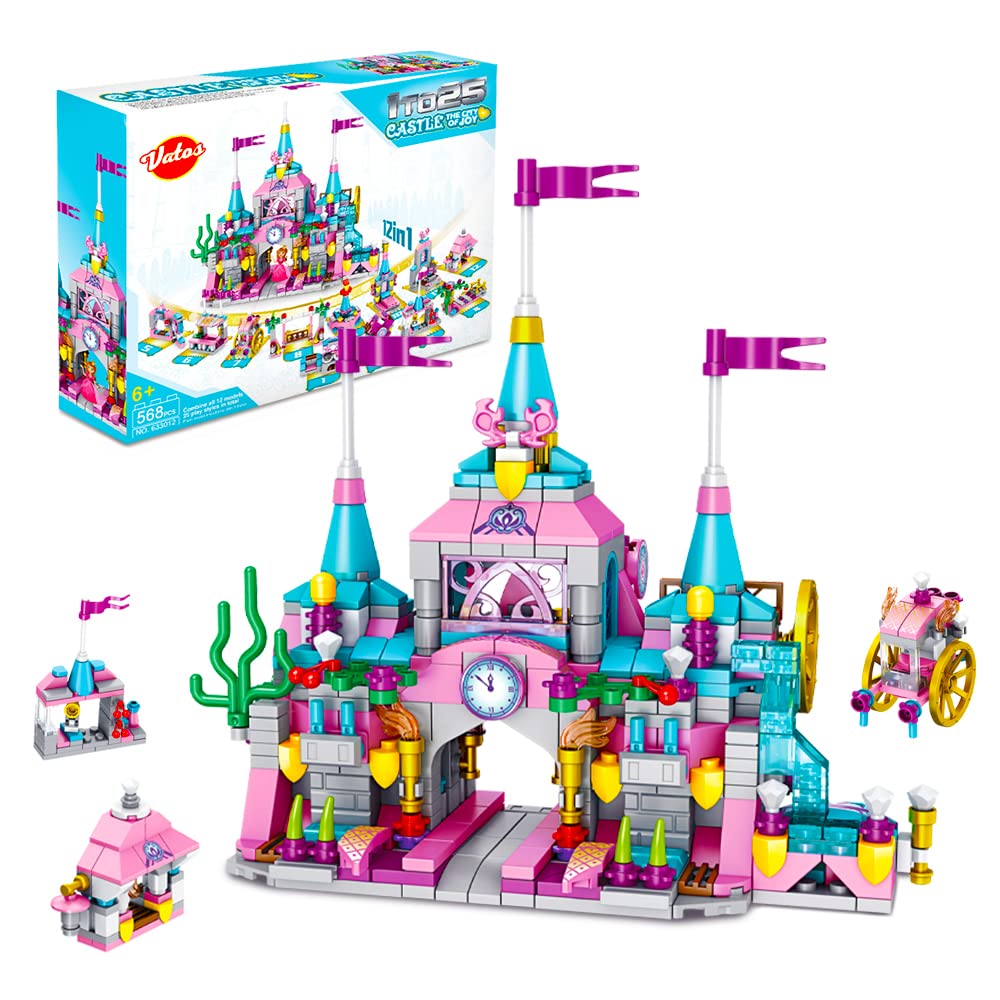 VATOS 568-Piece Girls Building Blocks Set - Princess Castle STEM Construction Toy Kit, 25-in-1 Pink Palace Bricks | Creative Educational Gift for Kids Ages 6-12 | Perfect for Birthday Presents, Classroom Activities & Indoor Playtime