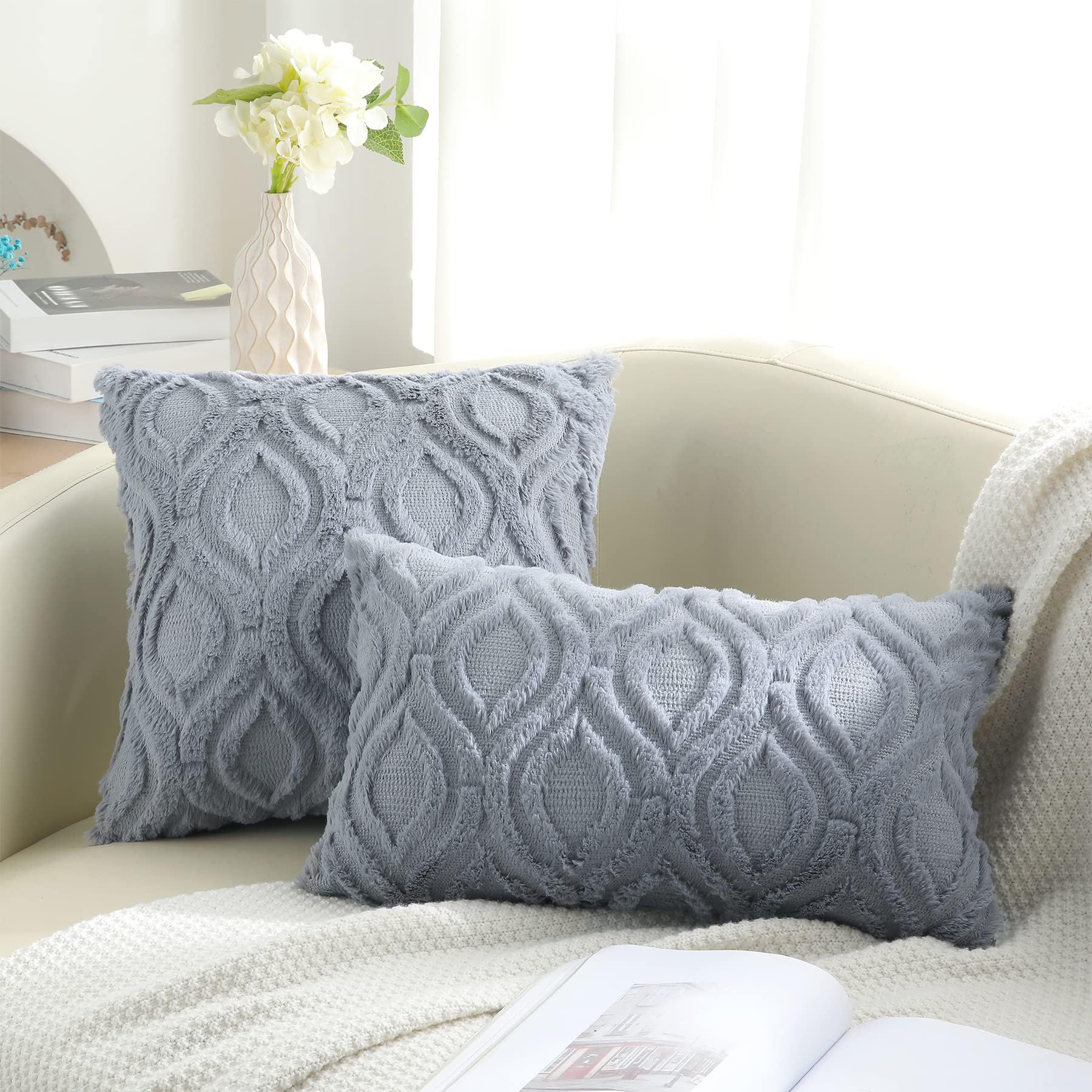 **DecorUhome 26x26 Inch Soft Plush Faux Wool Throw Pillow Covers Set of 2 – Blue Grey Couch Pillow Cases for Sofa, Bed & Living Room – Cozy Home Decor for Relaxing & Stylish Interior Design**