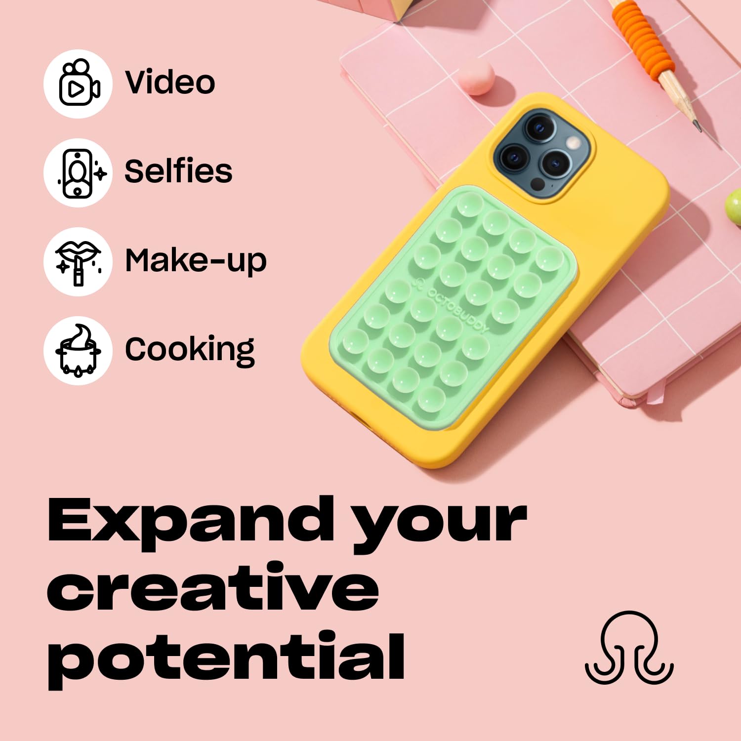 OCTOBUDDY MAX Silicone Suction Phone Case Adhesive Mount - Hands-Free, Strong Grip Holder for Selfies, Videos, and Vlogging - Durable, Easy to Use - iPhone and Android Compatible - 2.6″ x 3.9″, Green Ash - Perfect for Car, Desk, and Outdoor Adventures