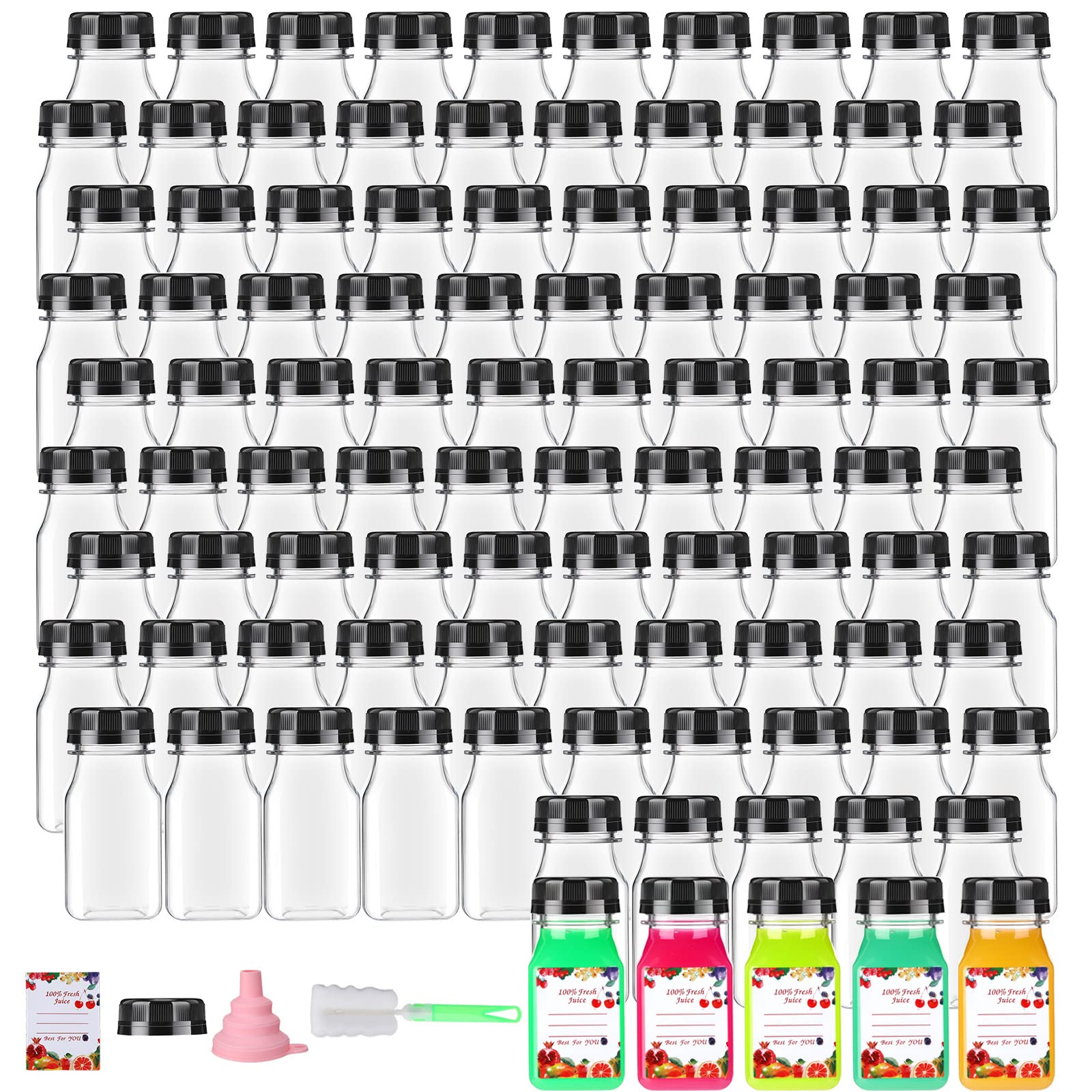 100 Pcs 4 oz Clear PET Plastic Juice Bottles with Lids - Reusable Mini Drink Containers for Juice, Smoothies, Milk, Tea & Homemade Beverages - Includes Labels, Funnels & Cleaning Brush - Perfect for DIY Drinks, Party Favors, Meal Prep & Small Business Packaging