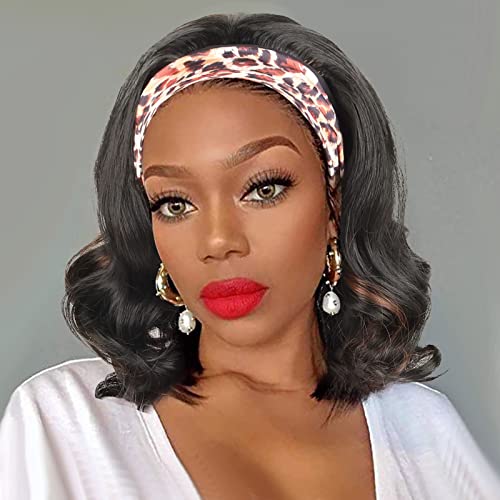 LEOSA Black & Brown Short Wavy Bob Synthetic Wig with Attached Headband - Natural Looking Curly Hairpiece for Cosplay, Costume Parties & Daily Fashion Wear
