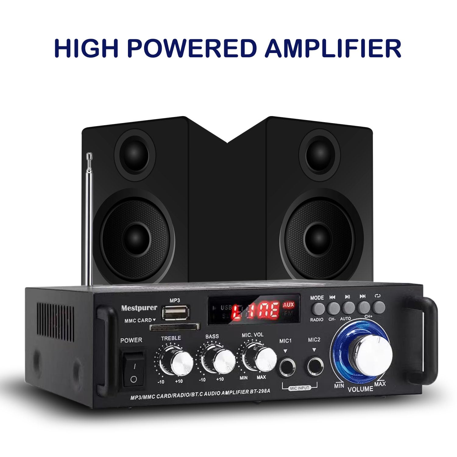 Stereo Power Amplifier with Wireless Bluetooth - 300Wx2 Dual Channel Audio Amp, LED Display, USB/SD/RCA/MIC/FM Receiver for Home Theater, Perfect for Living Room and Party Sound Systems