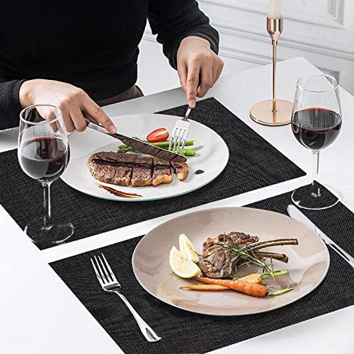 Premium Non-Slip Heat Resistant Placemats Set of 6 - Washable Woven Vinyl Table Mats for Dining & Kitchen Decor - Black - Perfect for Everyday Meals, Dinner Parties & Home Insulation