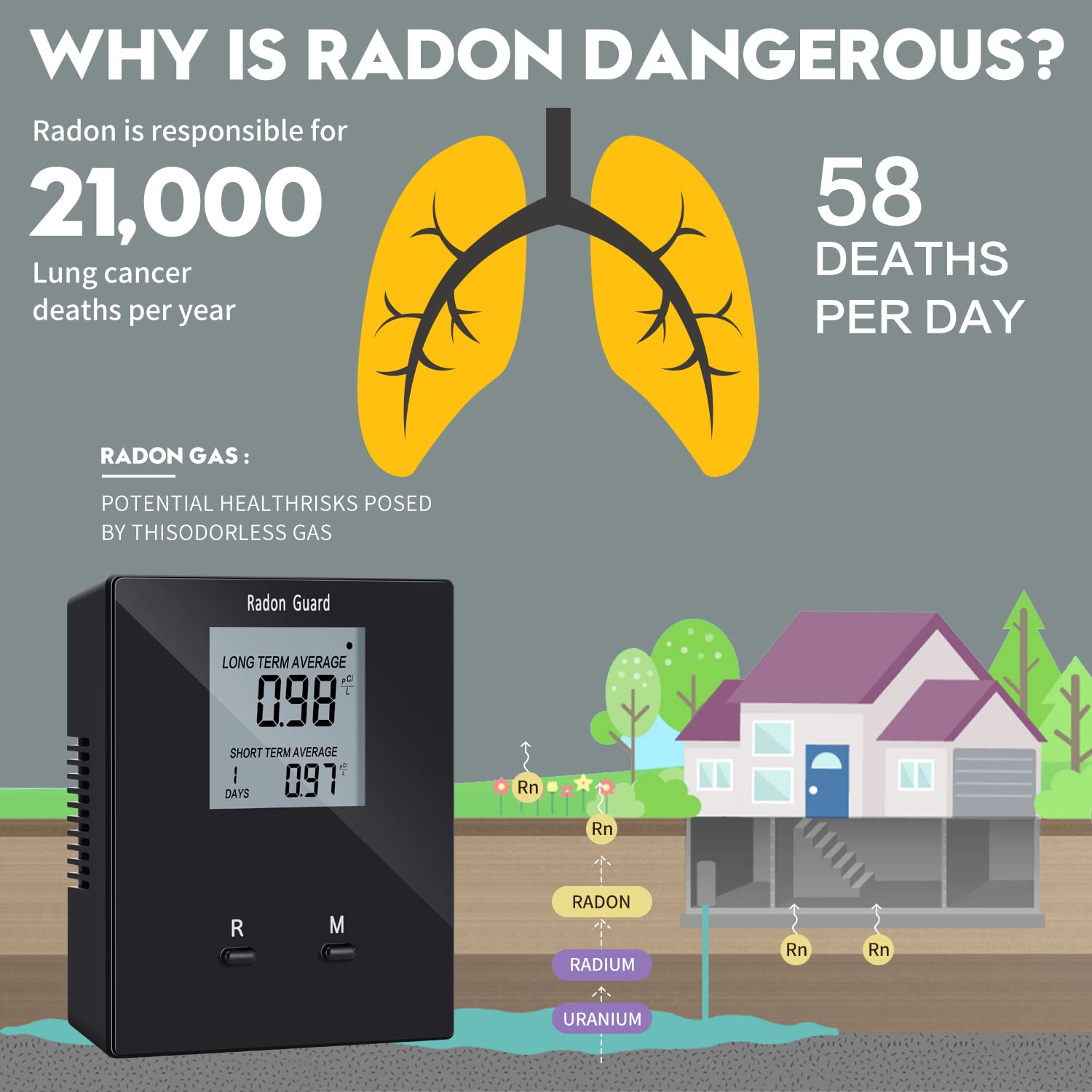 Portable Home Radon Detector & Tester - Long/Short Term Radon Gas Monitor with Rechargeable Battery - Black | Prevent Radon Exposure for Safe Indoor Air Quality in Basements, Bedrooms & Living Spaces