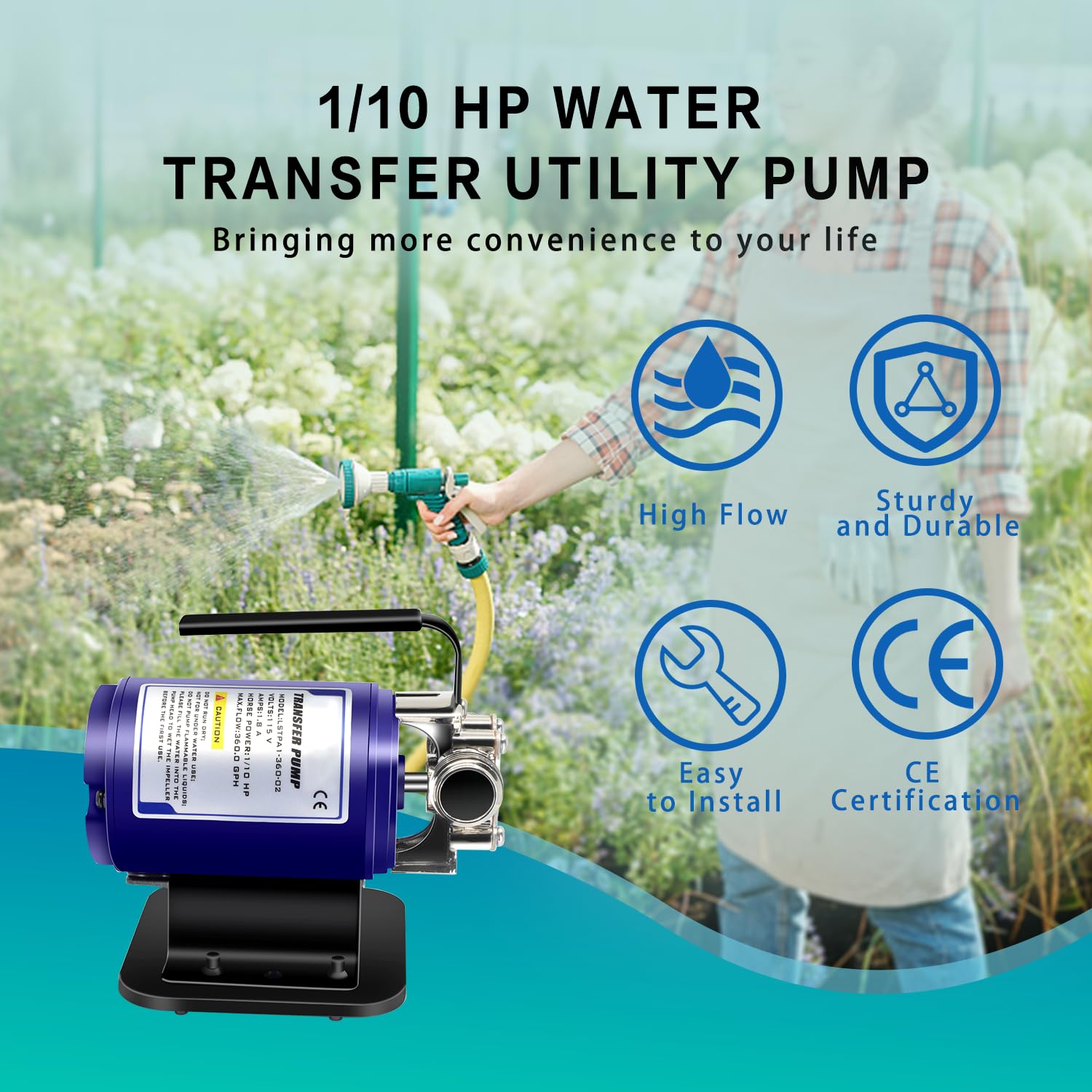 Electric Water Transfer Pump with Suction Hose Kit - 1/10HP 330GPH Portable Self-Priming Utility Pump for Basement, Garden, Rain Barrel, Sump, Pond & Pool Draining - Ideal for Yard, Aquariums & Clogged Sinks - Perfect for Flood Prevention, Irrigation & Water Feature Maintenance