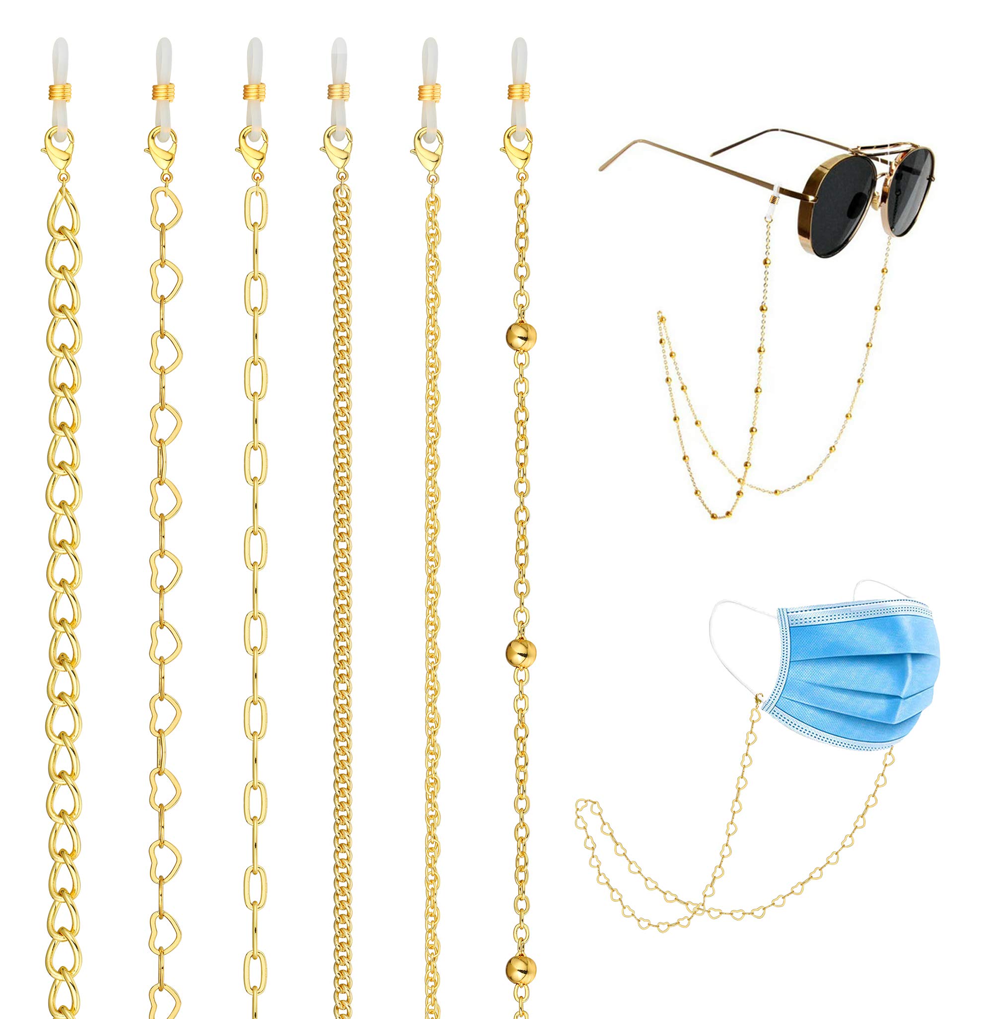 FUNEIA Adjustable Eyeglass Chain & Mask Lanyard for Women & Men - Gold Link Necklace Strap - Glasses Holder Retainer & Face Mask Hanger Keeper Accessory - Perfect for Reading, Work, Travel & Daily Wear