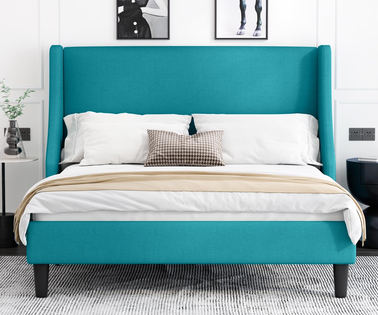 Allewie Queen Size Platform Bed Frame with Upholstered Headboard - Modern Wingback Design, Wood Slat Support & Mattress Foundation in Peacock Green | Perfect for Master Bedrooms, Guest Rooms & Modern Apartments