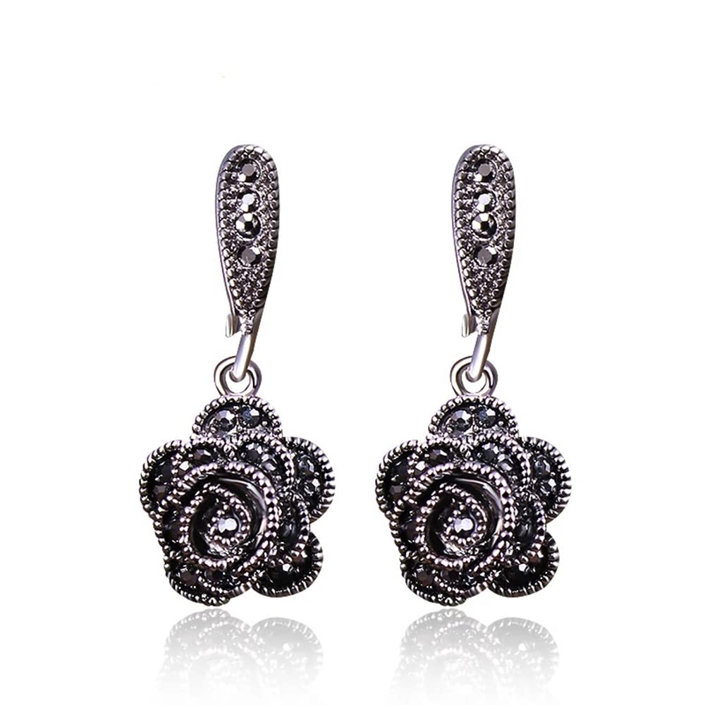 Vintage Black CZ Rose Flower Drop Earrings for Women - Elegant Dangle Jewelry for Party, Wedding & Evening Wear