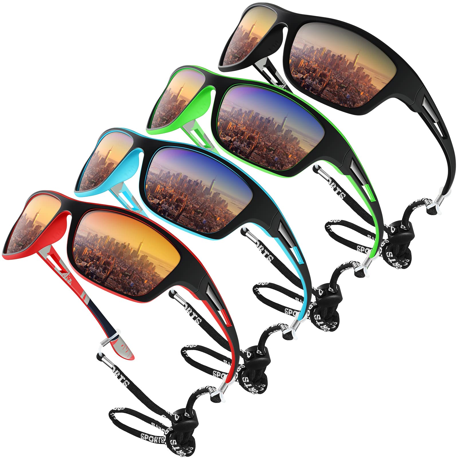 4-Piece Men's Polarized Sports Sunglasses - UV Protection Trucker Style with Adjustable Glasses Rope for Running, Fishing, Driving & Outdoor Activities